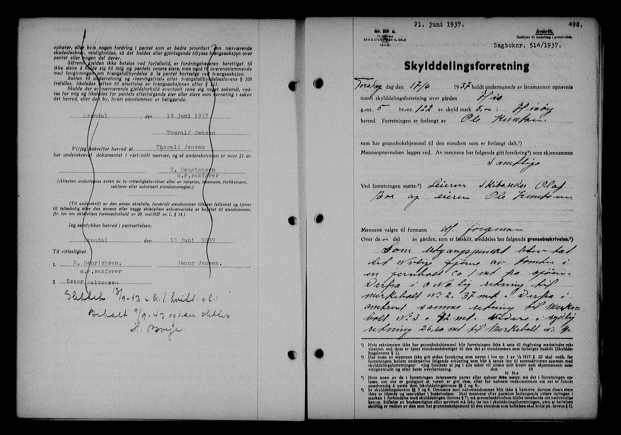 Nedenes sorenskriveri, SAK/1221-0006/G/Gb/Gba/L0043: Mortgage book no. 39, 1936-1937, Diary no: : 514/1937