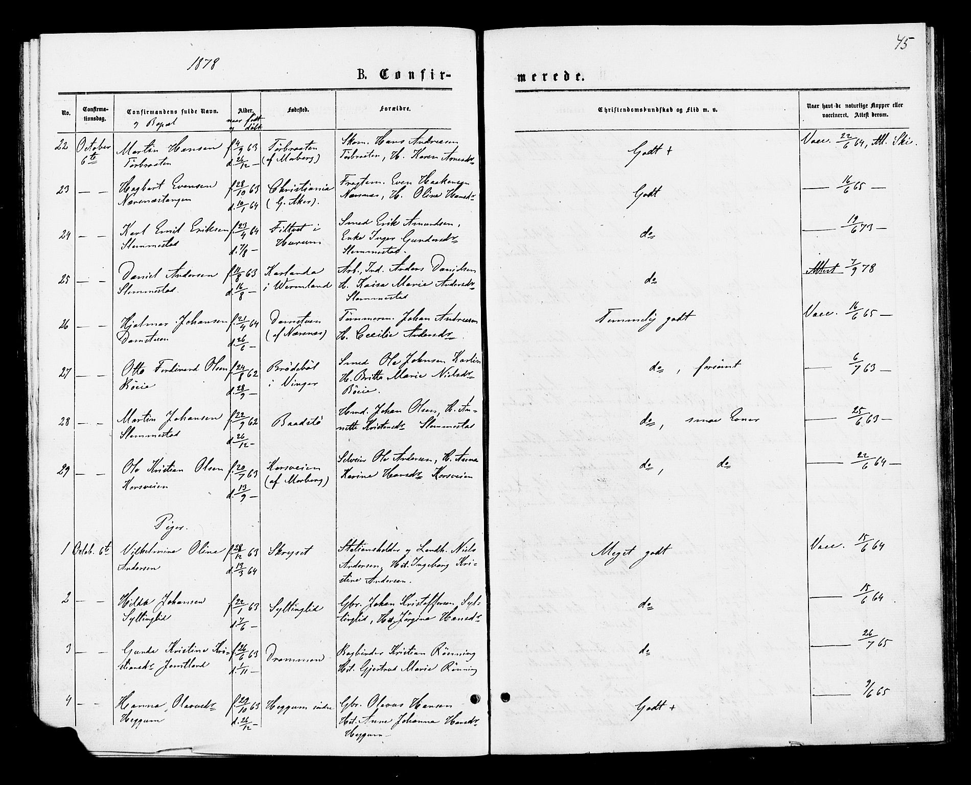 Røyken kirkebøker, AV/SAKO-A-241/F/Fa/L0007: Parish register (official) no. 7, 1876-1879, p. 45