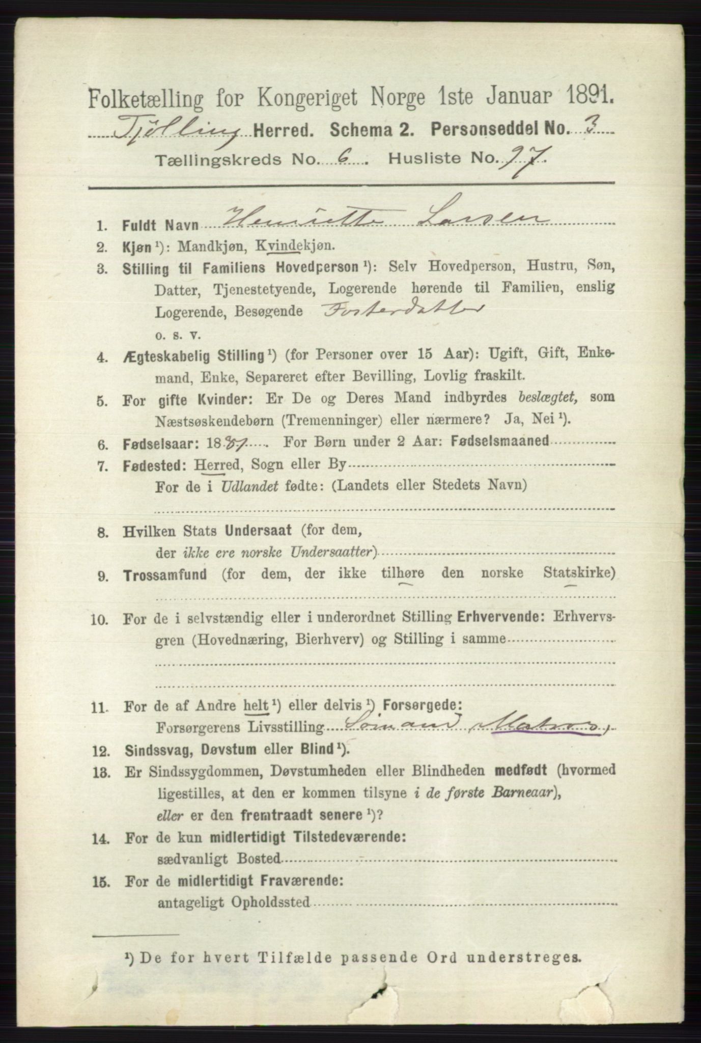 RA, 1891 census for 0725 Tjølling, 1891, p. 3545