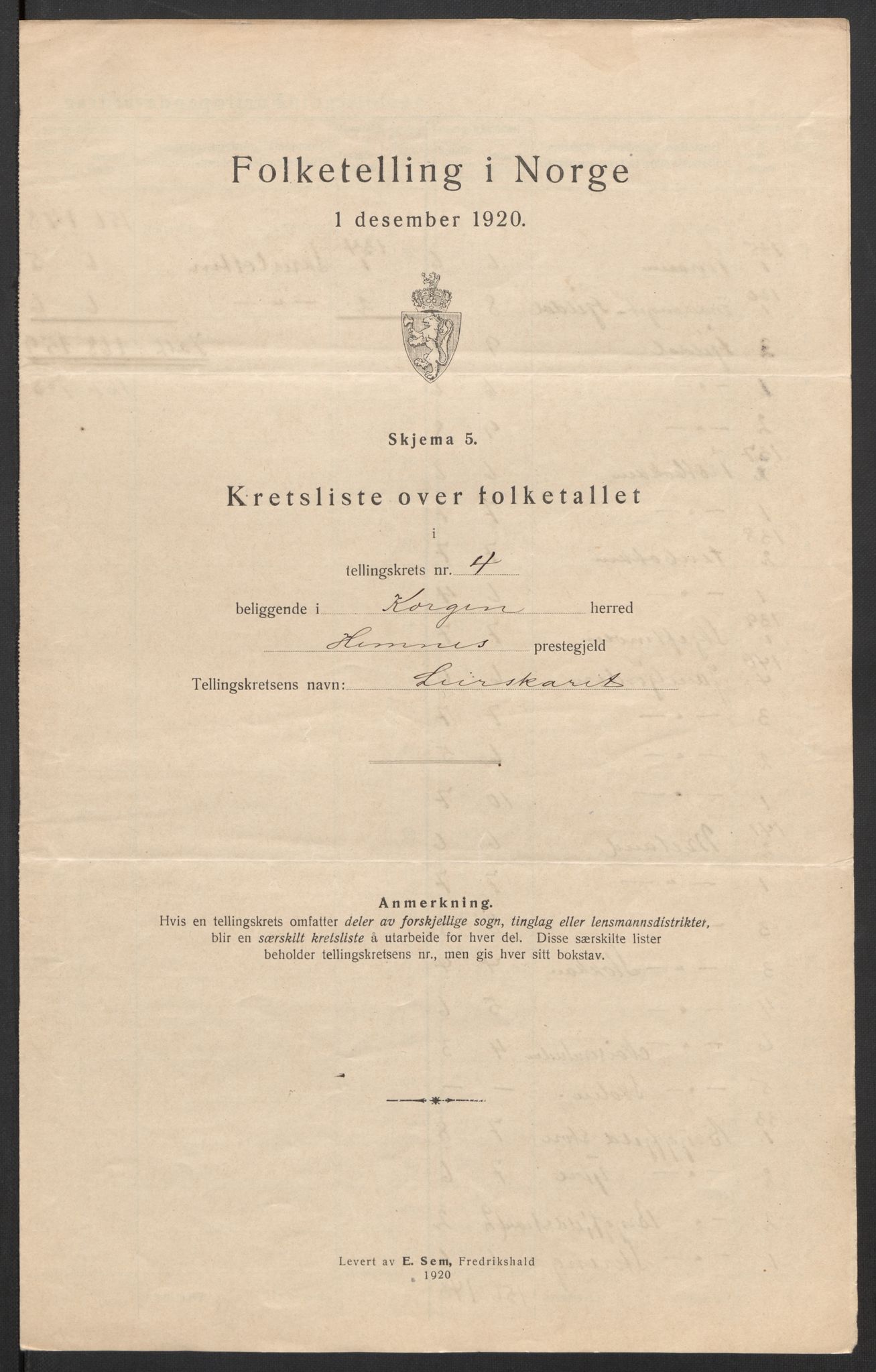 SAT, 1920 census for Korgen, 1920, p. 15