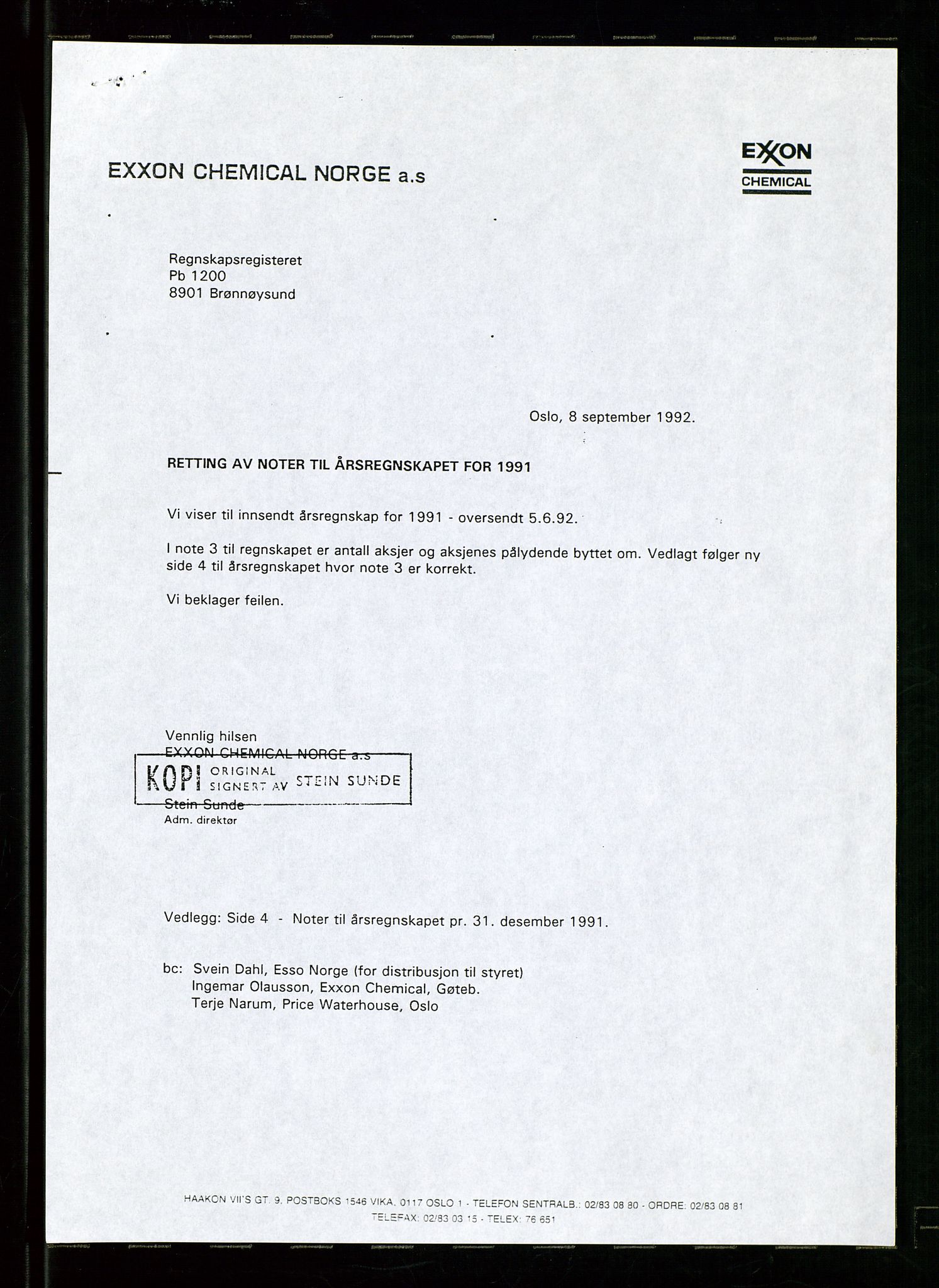 PA 1538 - Exxon Chemical Norge A/S, AV/SAST-A-101958/A/Aa/L0002/0003: Styredokumenter / Styremøter og generalforsamling, 1992-1995