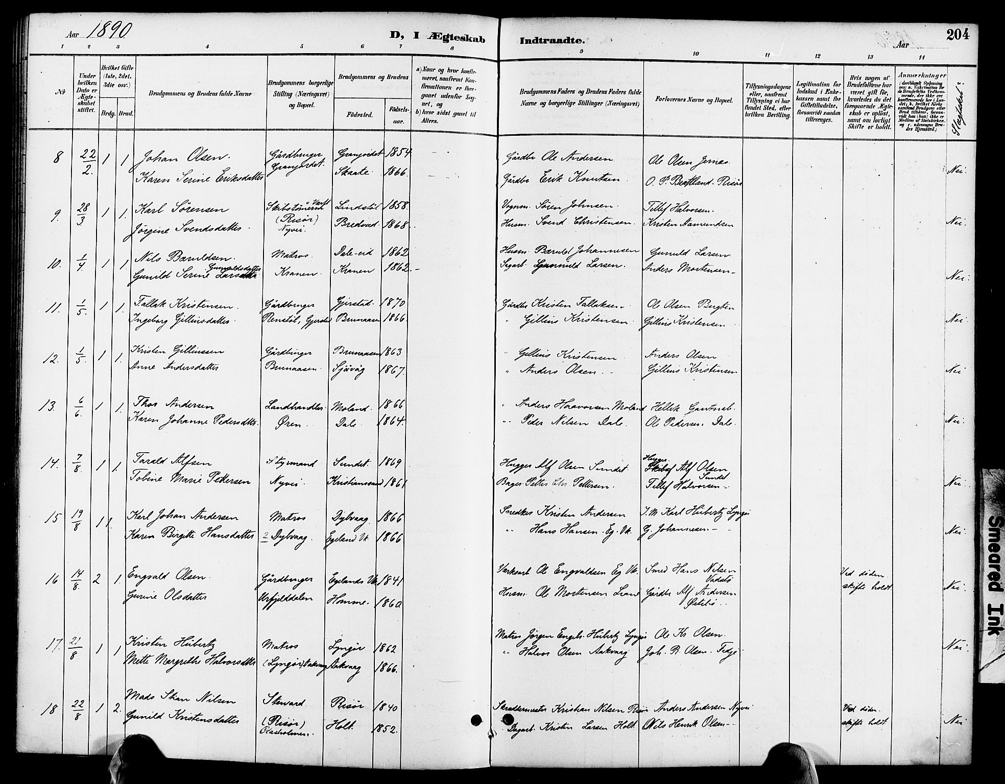 Søndeled sokneprestkontor, SAK/1111-0038/F/Fa/L0005: Parish register (official) no. A 5, 1889-1899, p. 204