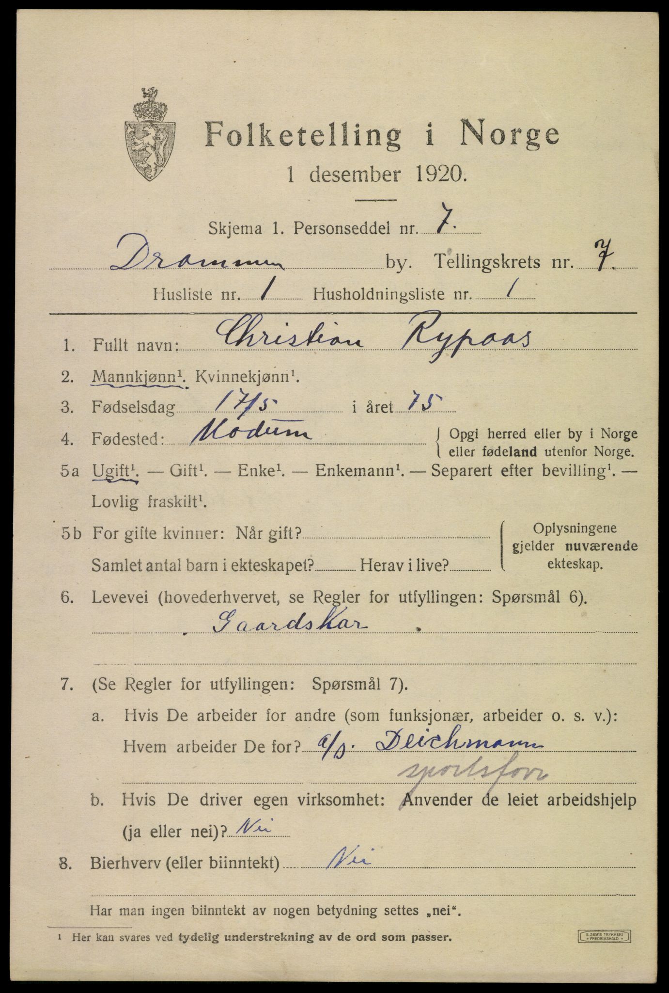 SAKO, 1920 census for Drammen, 1920, p. 46233