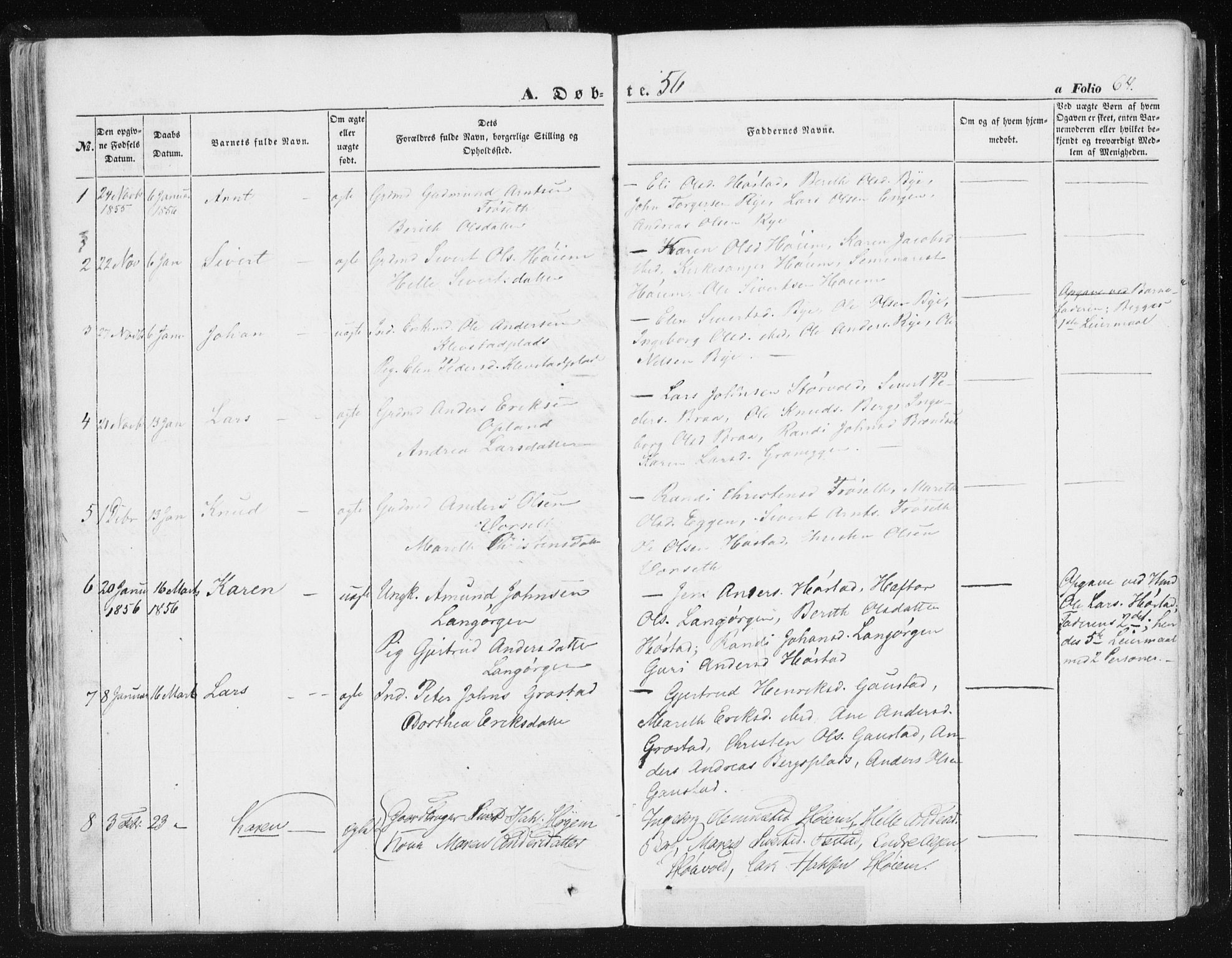 Ministerialprotokoller, klokkerbøker og fødselsregistre - Sør-Trøndelag, AV/SAT-A-1456/612/L0376: Parish register (official) no. 612A08, 1846-1859, p. 64