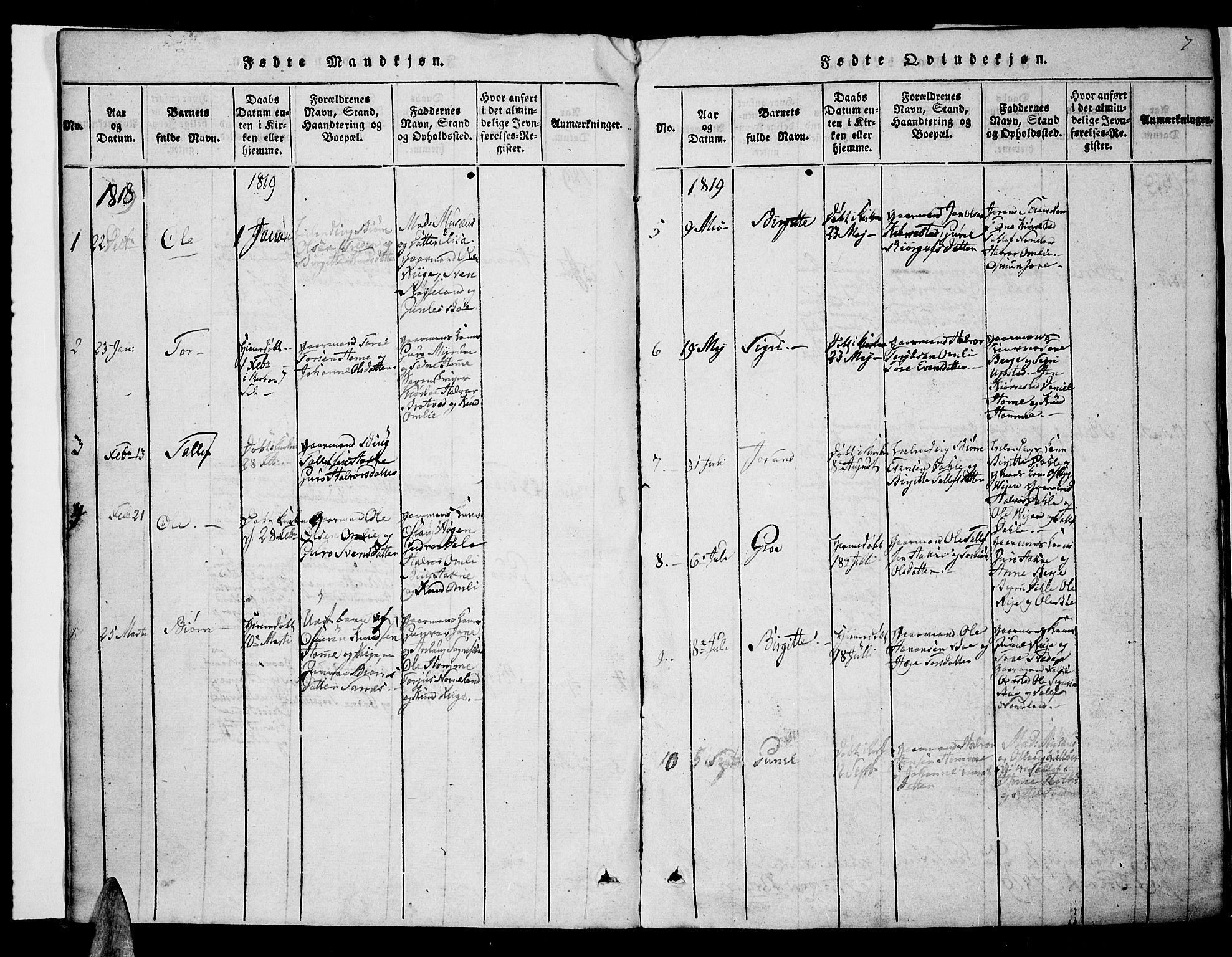 Valle sokneprestkontor, AV/SAK-1111-0044/F/Fb/Fbc/L0001: Parish register (copy) no. B 1 /1, 1816-1829, p. 7