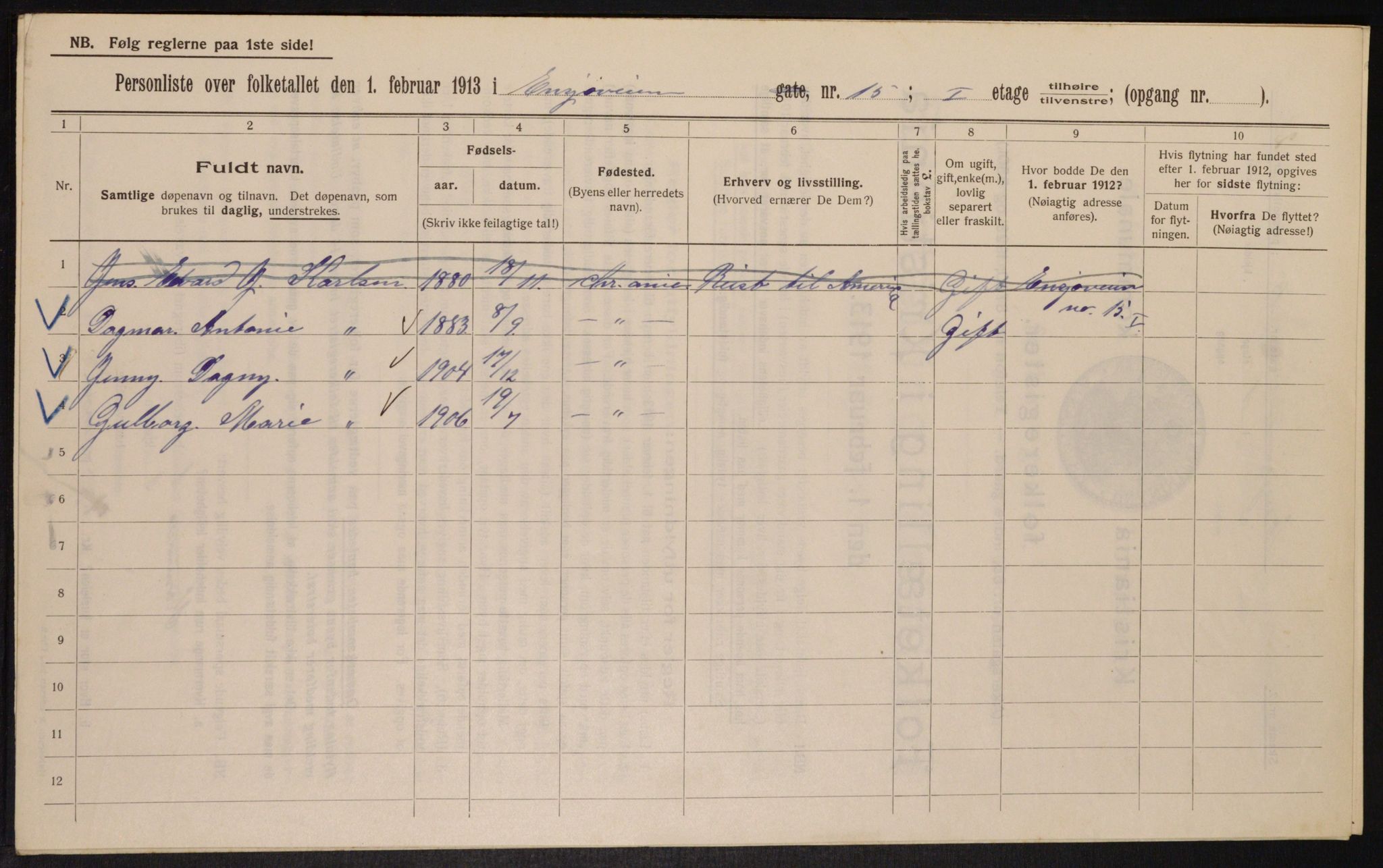 OBA, Municipal Census 1913 for Kristiania, 1913, p. 22063