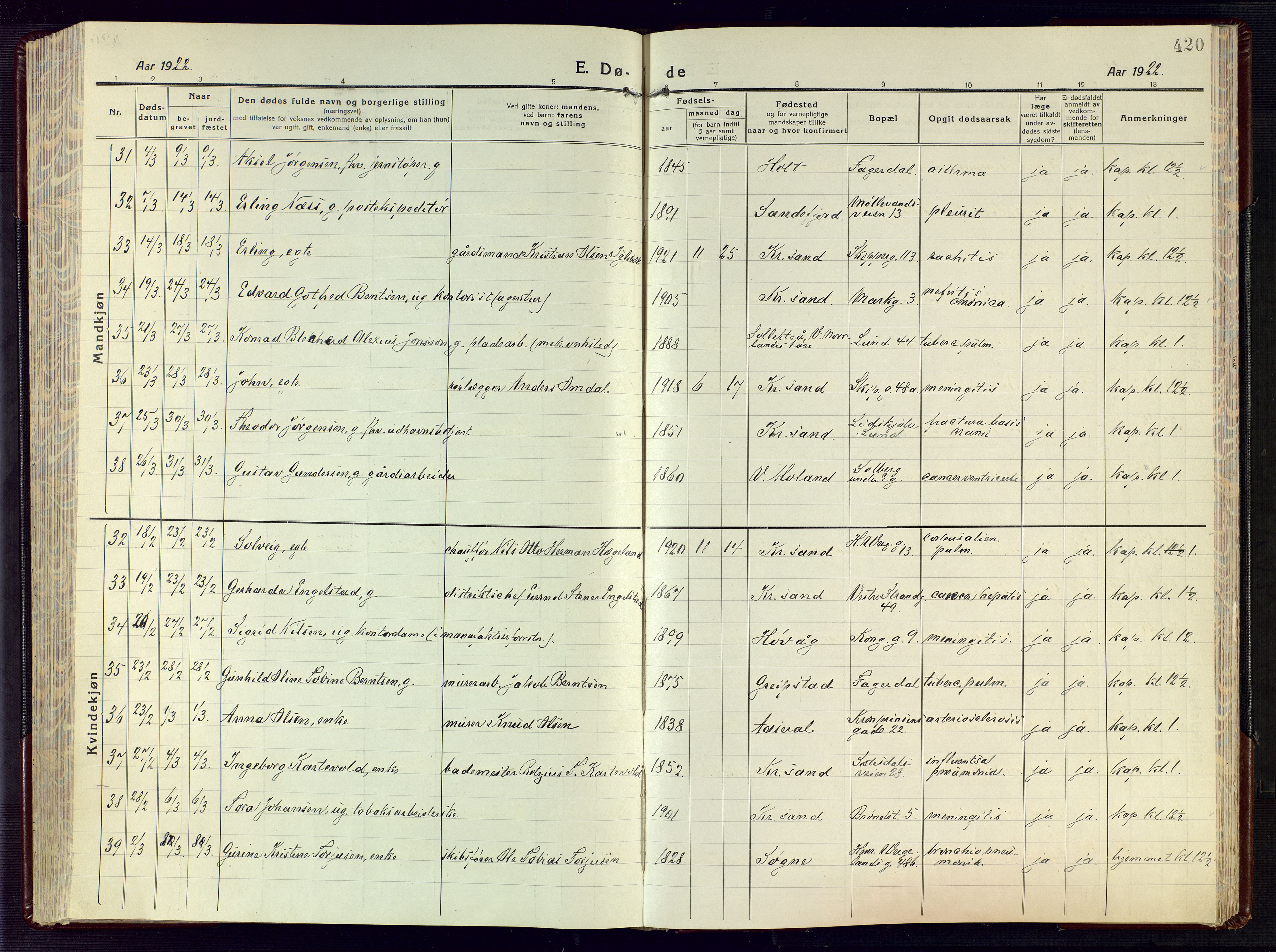 Kristiansand domprosti, SAK/1112-0006/F/Fa/L0028: Parish register (official) no. A 27, 1917-1926, p. 420