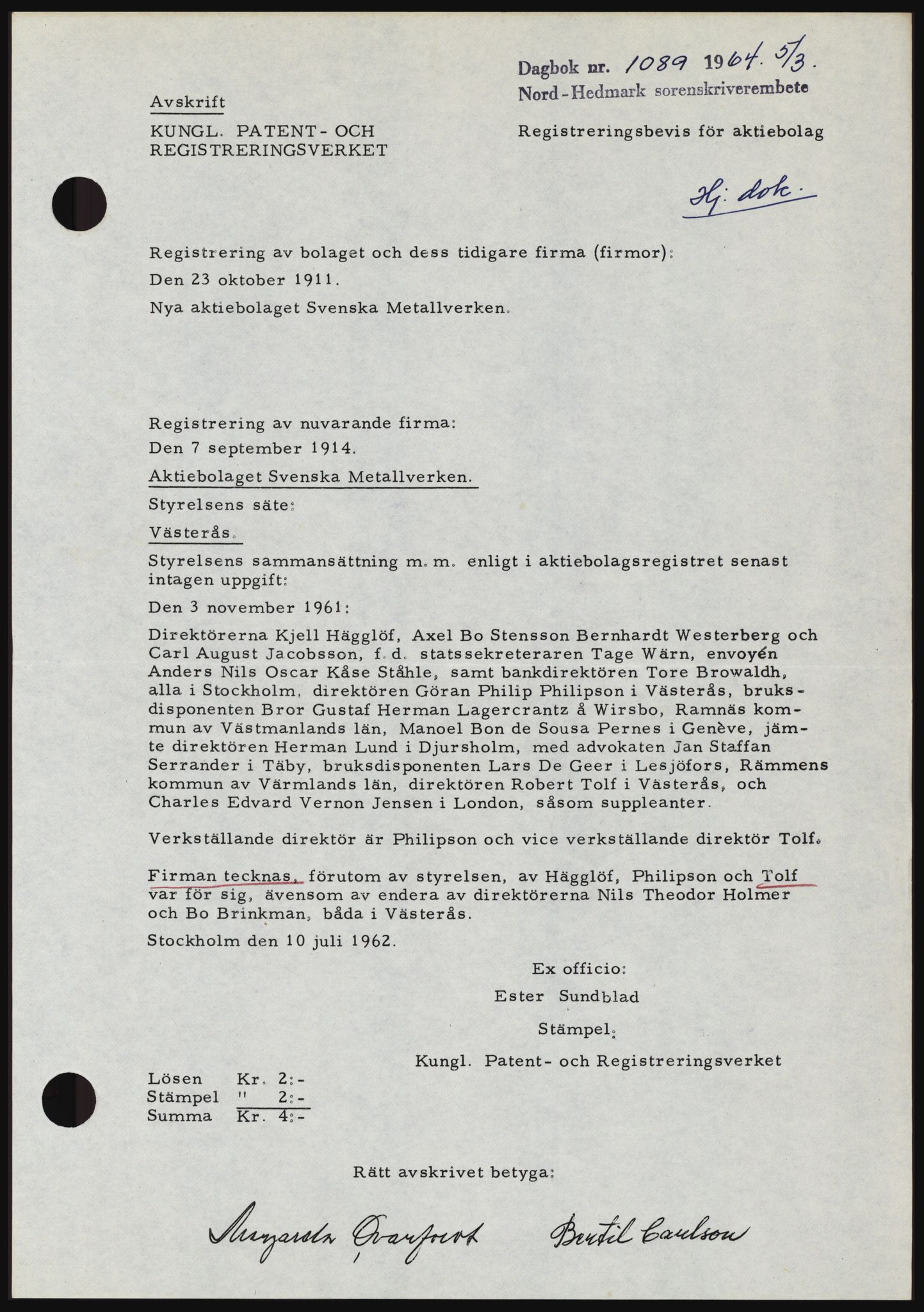 Nord-Hedmark sorenskriveri, SAH/TING-012/H/Hc/L0019: Mortgage book no. 19, 1963-1964, Diary no: : 1089/1964