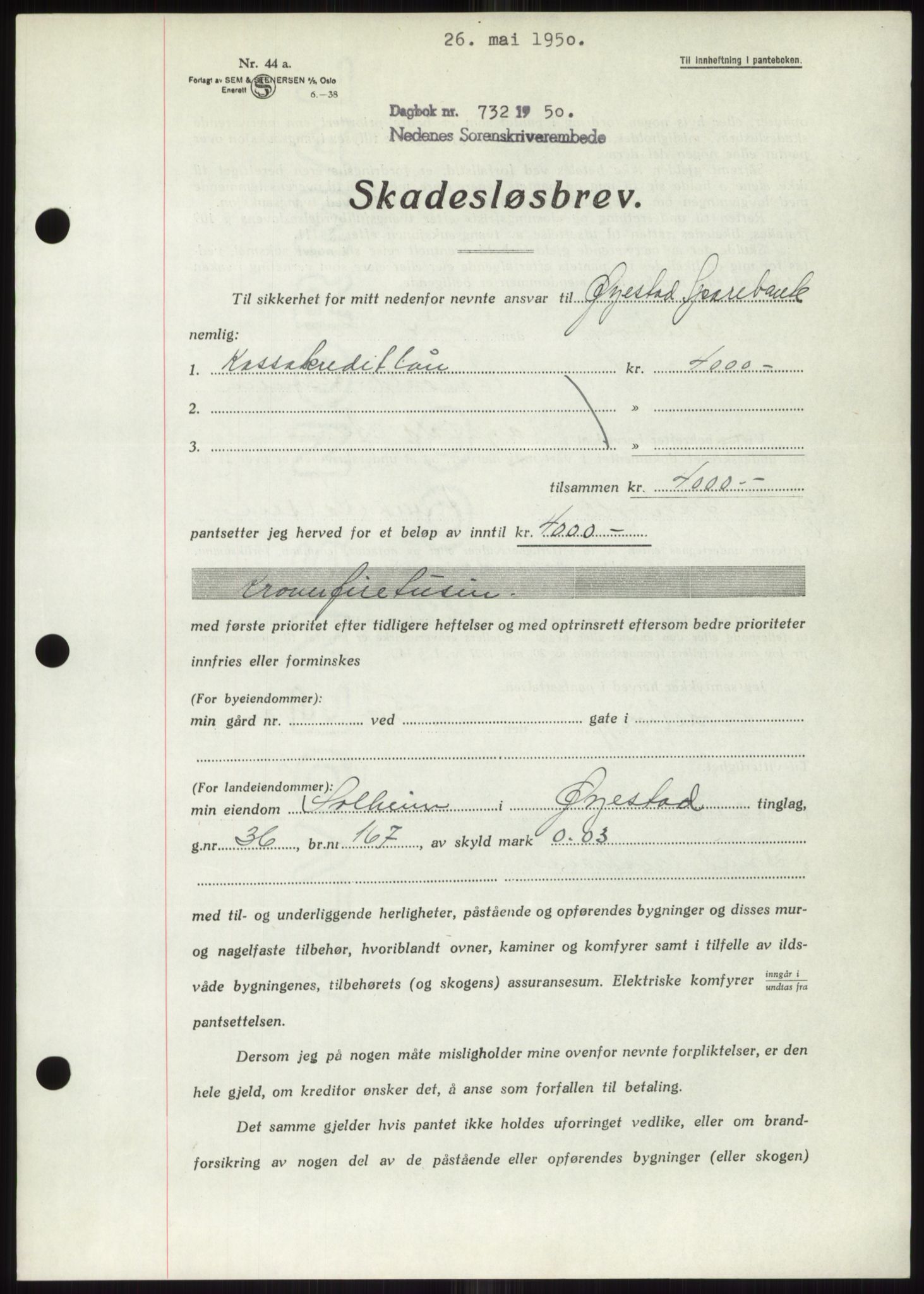 Nedenes sorenskriveri, AV/SAK-1221-0006/G/Gb/Gbb/L0007: Mortgage book no. B7, 1949-1950, Diary no: : 732/1950