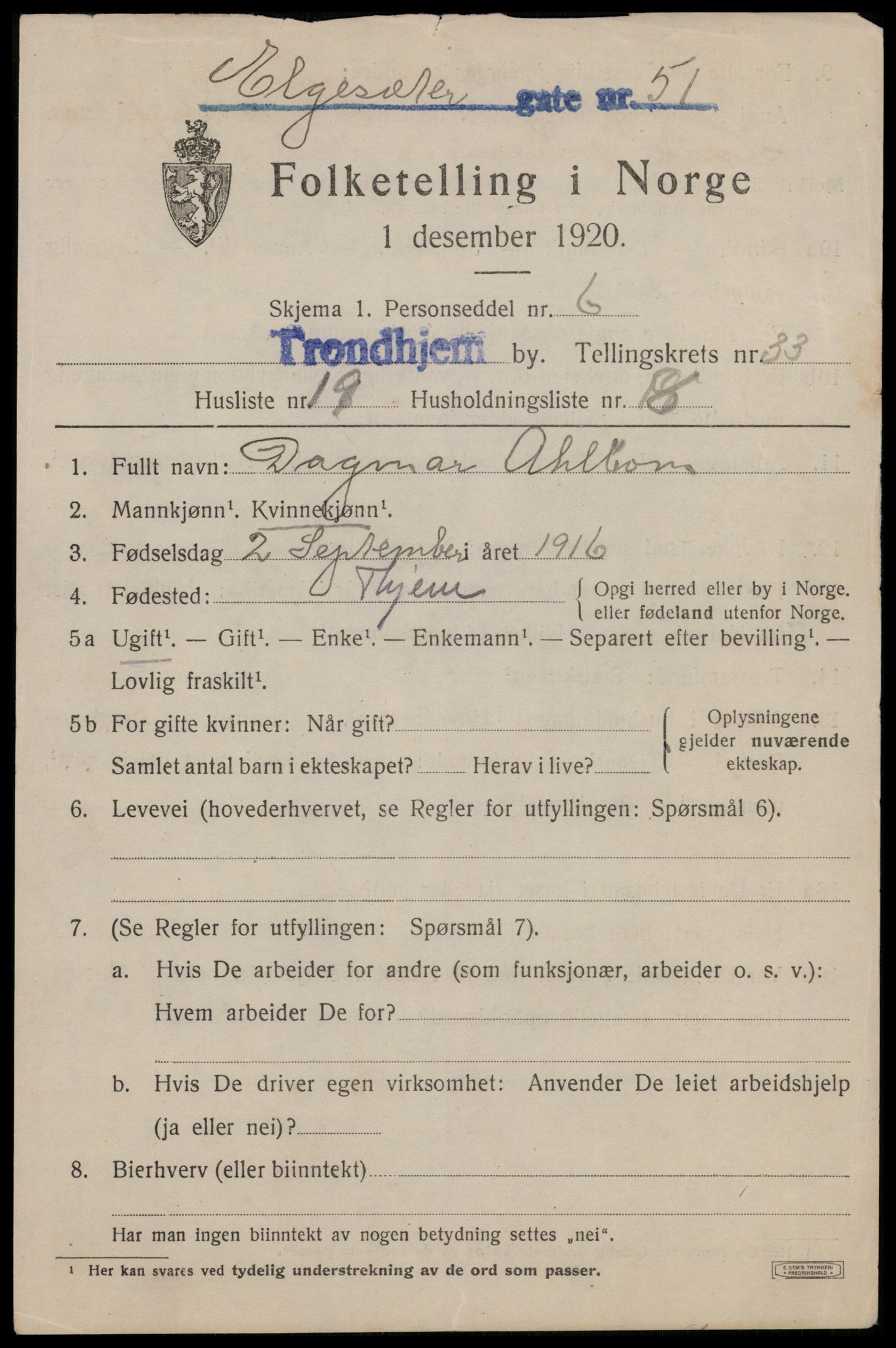 SAT, 1920 census for Trondheim, 1920, p. 79512