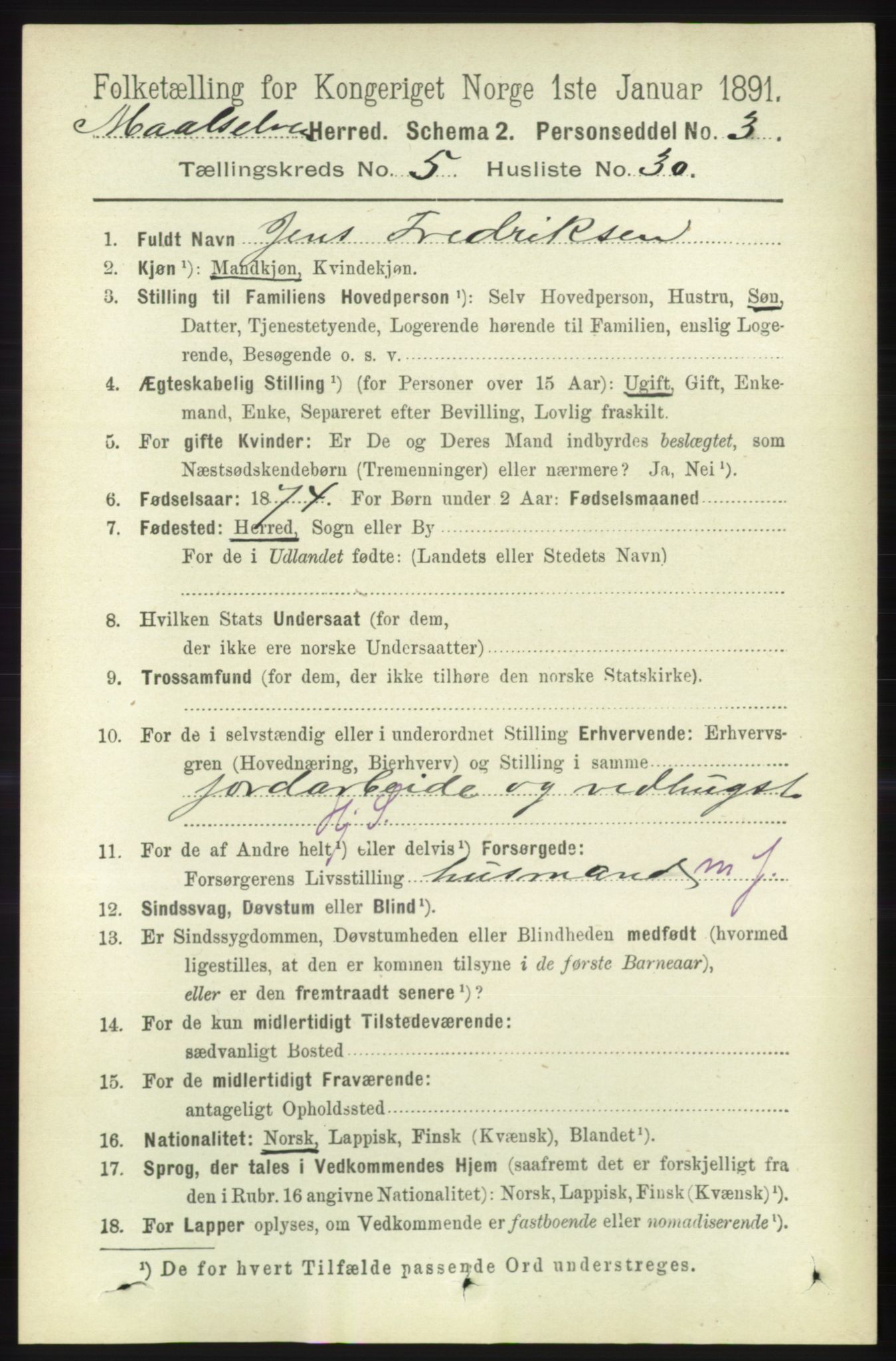 RA, 1891 census for 1924 Målselv, 1891, p. 1819