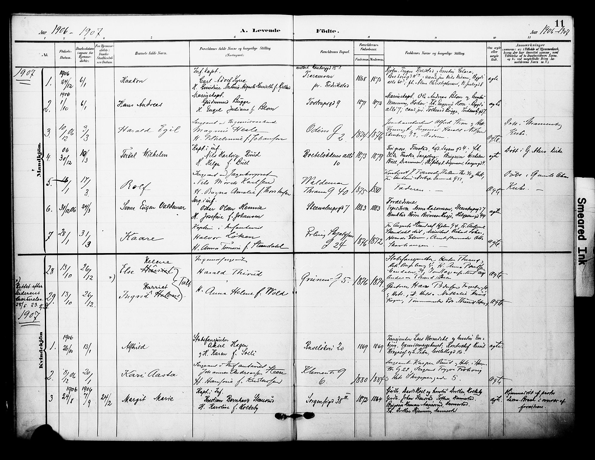 Garnisonsmenigheten Kirkebøker, AV/SAO-A-10846/F/Fa/L0014: Parish register (official) no. 14, 1905-1914, p. 11