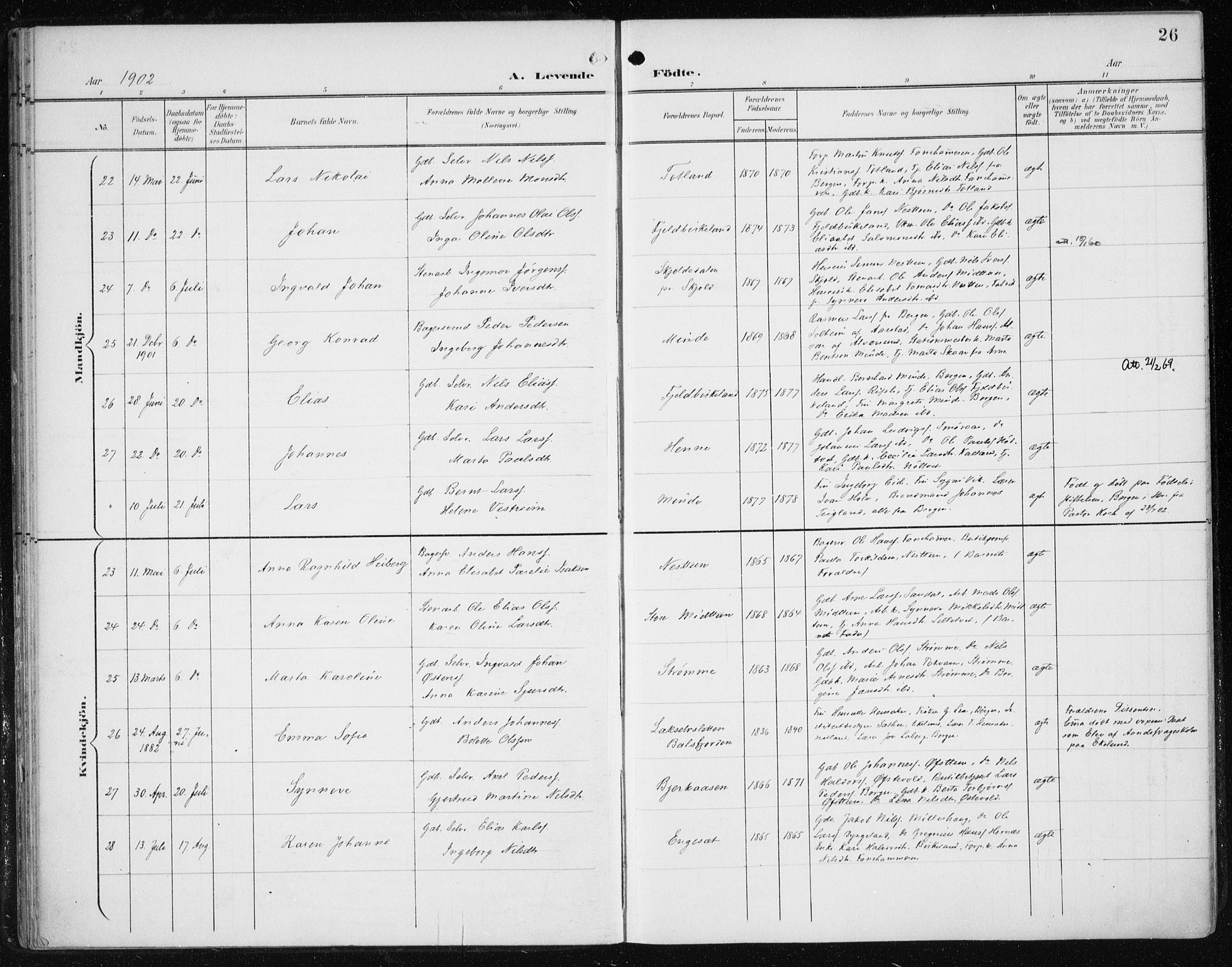 Fana Sokneprestembete, AV/SAB-A-75101/H/Haa/Haai/L0003: Parish register (official) no. I 3, 1900-1912, p. 26