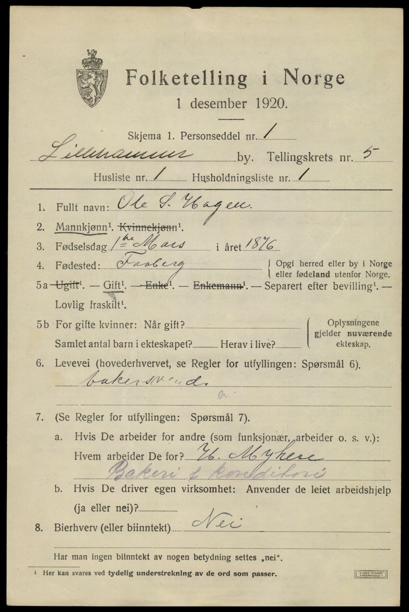 SAH, 1920 census for Lillehammer, 1920, p. 7646
