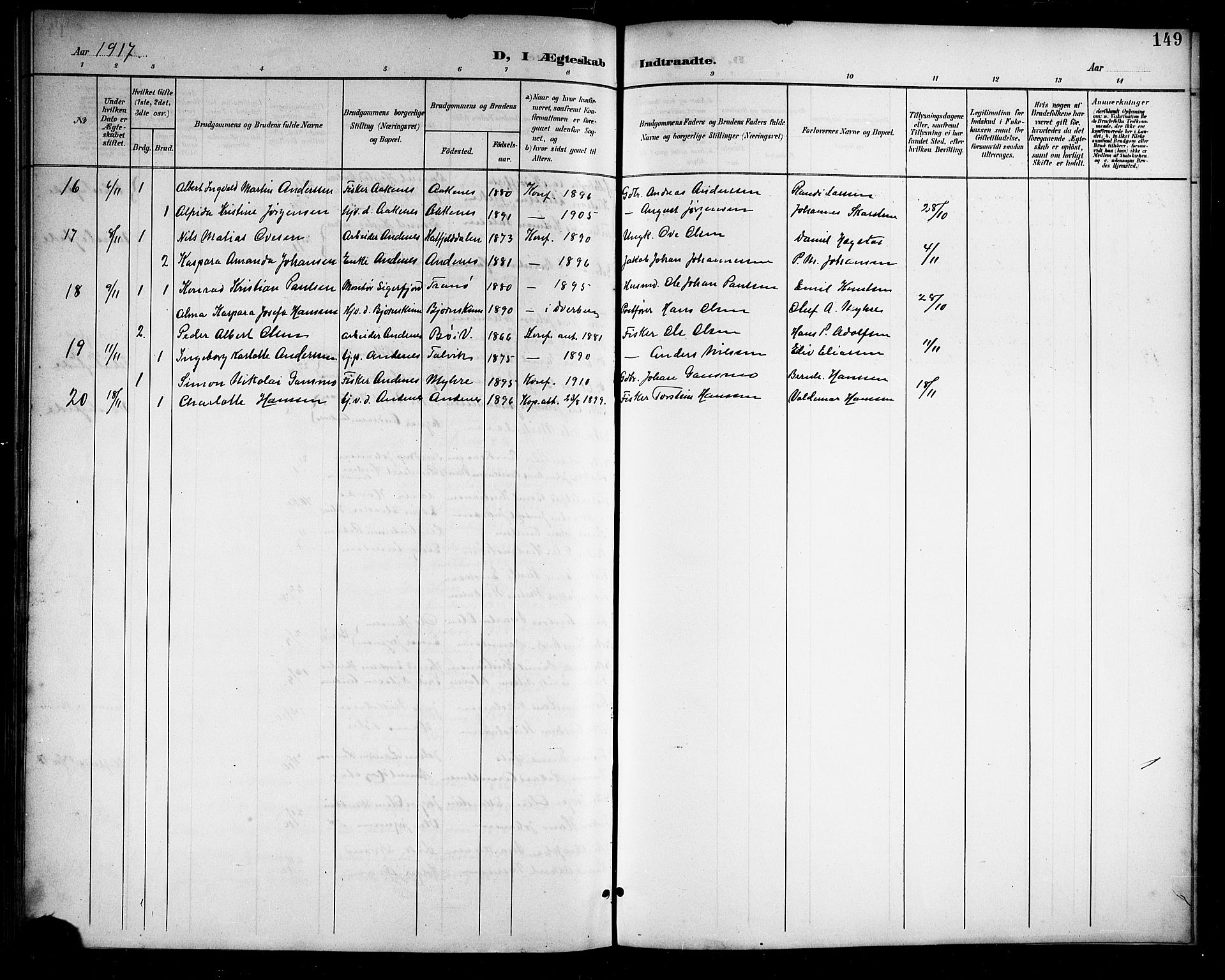 Ministerialprotokoller, klokkerbøker og fødselsregistre - Nordland, AV/SAT-A-1459/899/L1449: Parish register (copy) no. 899C04, 1900-1918, p. 149