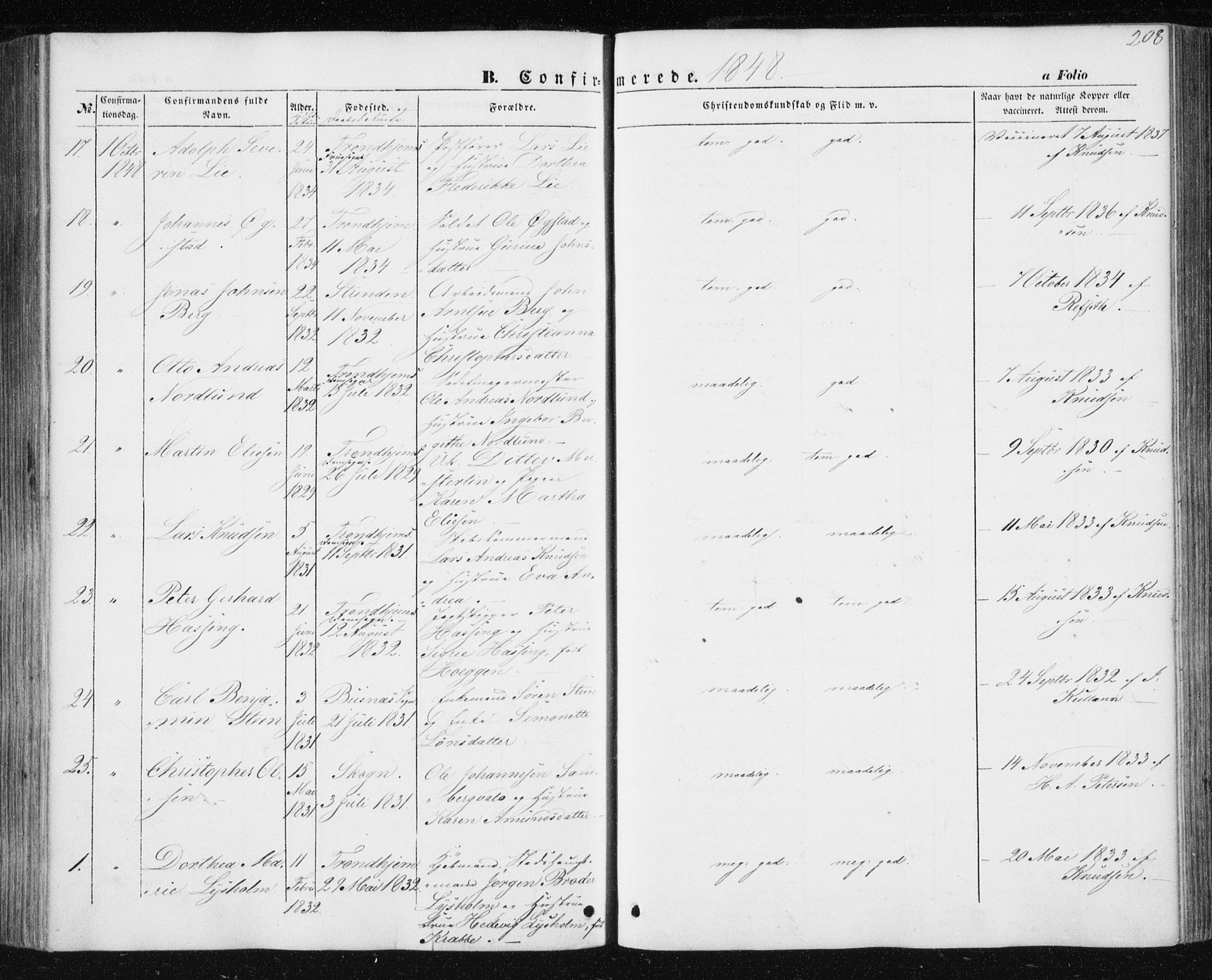 Ministerialprotokoller, klokkerbøker og fødselsregistre - Sør-Trøndelag, AV/SAT-A-1456/602/L0112: Parish register (official) no. 602A10, 1848-1859, p. 208