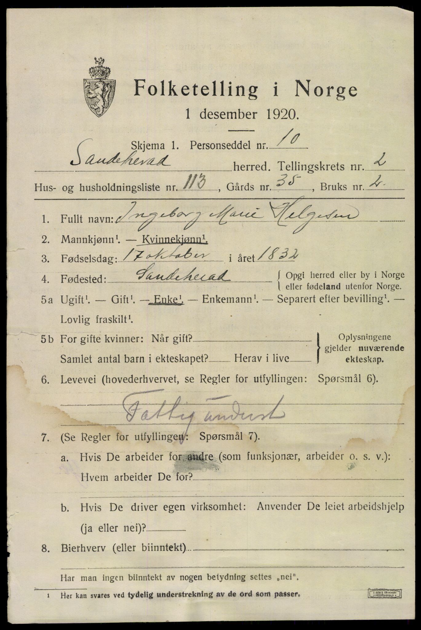 SAKO, 1920 census for Sandeherred, 1920, p. 5204