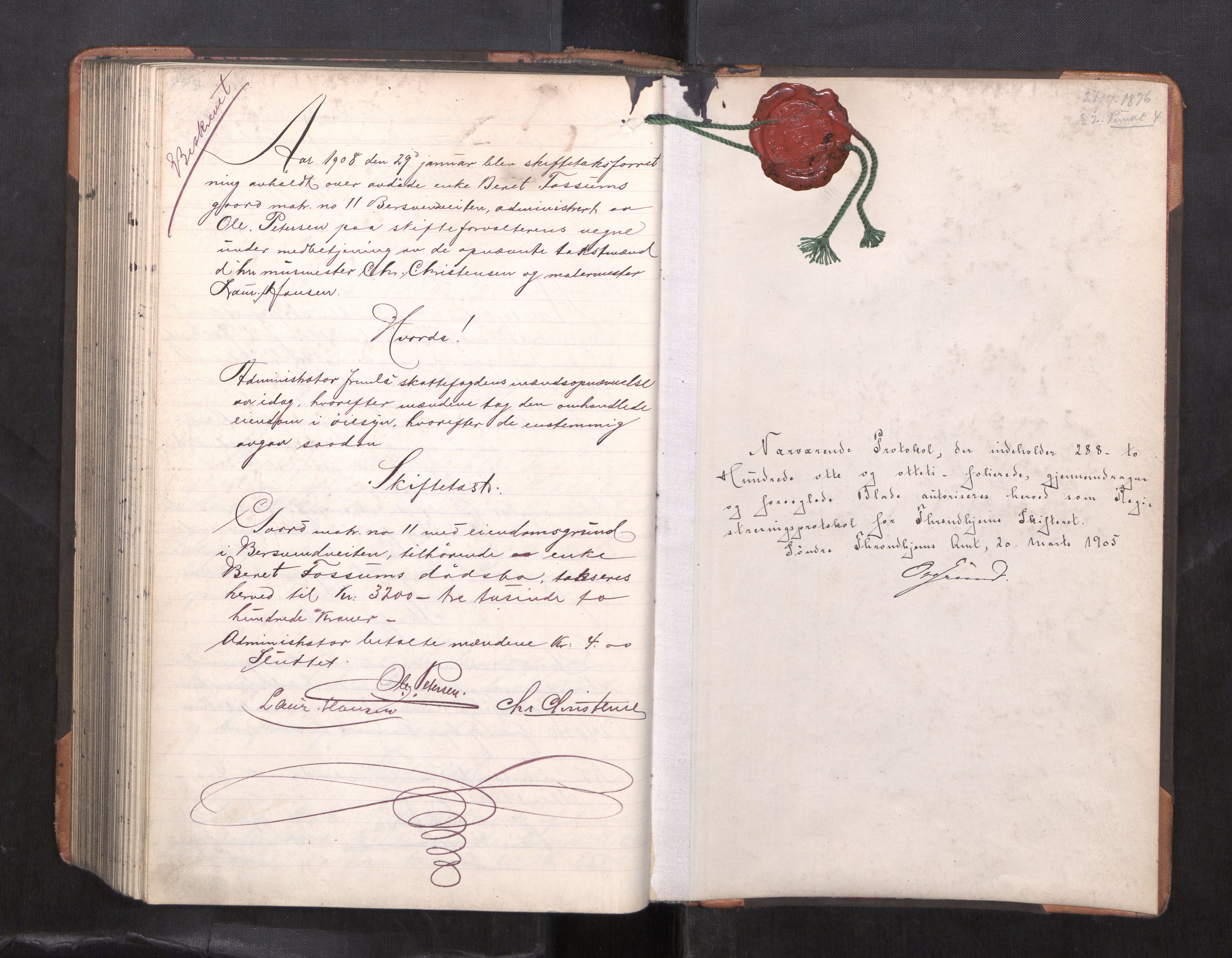 Trondheim byfogd, AV/SAT-A-0003/1/3/3C/L0024: Skifteregistreringsprotokoll - 22/3-29/1. (u/ register), 1905-1908
