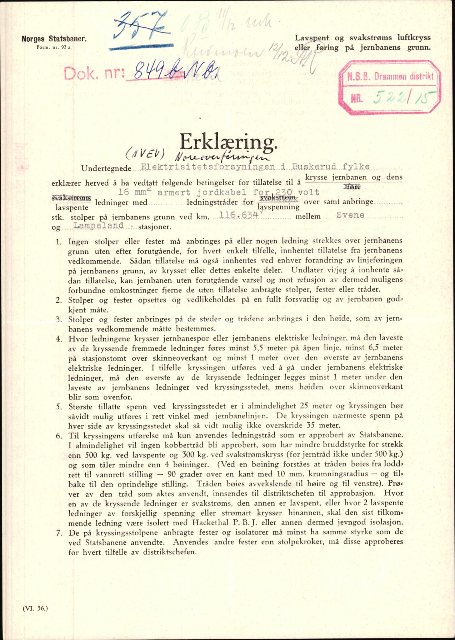 Norges Statsbaner Drammen distrikt (NSB), AV/SAKO-A-30/F/Fe/Fee/L0003: Kabelkryss Drammenbanen, Bratsbergbanen, Numedalsbanen og Sørlandsbanen, 1903-1989, p. 1240