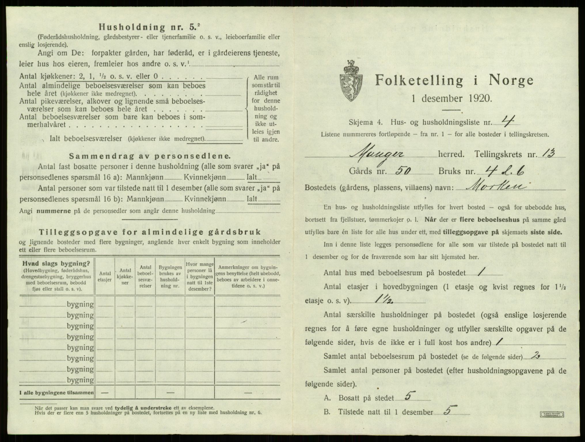 SAB, 1920 census for Manger, 1920, p. 1020