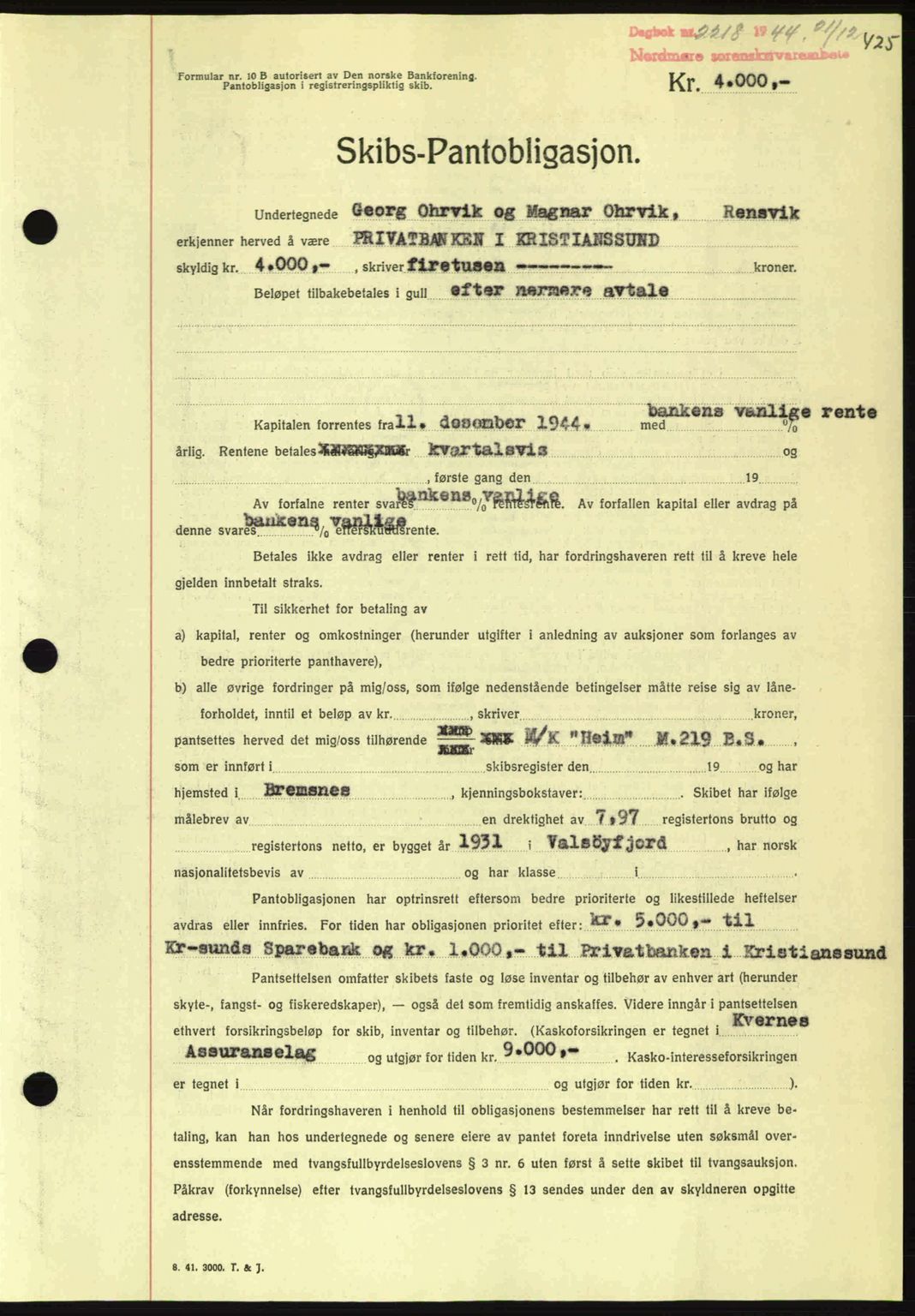 Nordmøre sorenskriveri, AV/SAT-A-4132/1/2/2Ca: Mortgage book no. B92, 1944-1945, Diary no: : 2218/1944