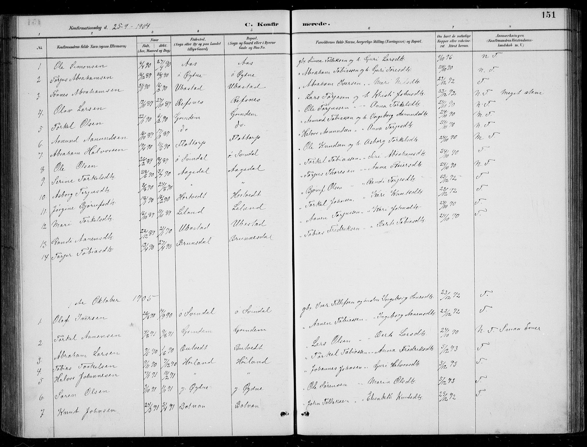 Bjelland sokneprestkontor, SAK/1111-0005/F/Fb/Fbc/L0003: Parish register (copy) no. B 3, 1887-1924, p. 151