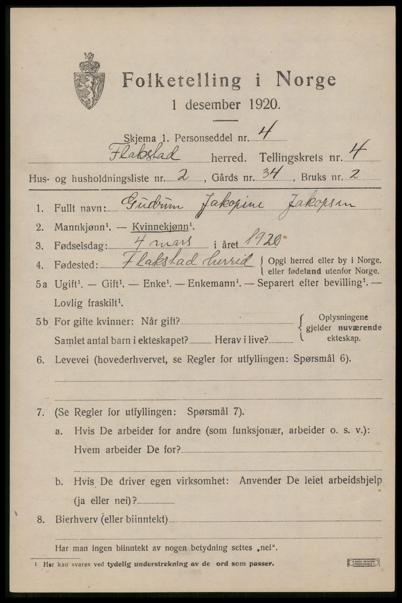 SAT, 1920 census for Flakstad, 1920, p. 2847