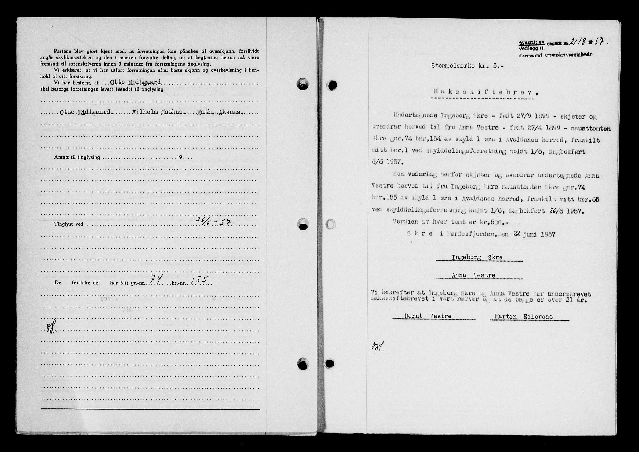 Karmsund sorenskriveri, SAST/A-100311/01/II/IIB/L0125: Mortgage book no. 105A, 1957-1957, Diary no: : 2118/1957