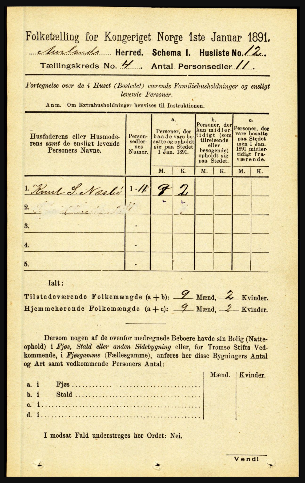 RA, 1891 census for 1421 Aurland, 1891, p. 1296