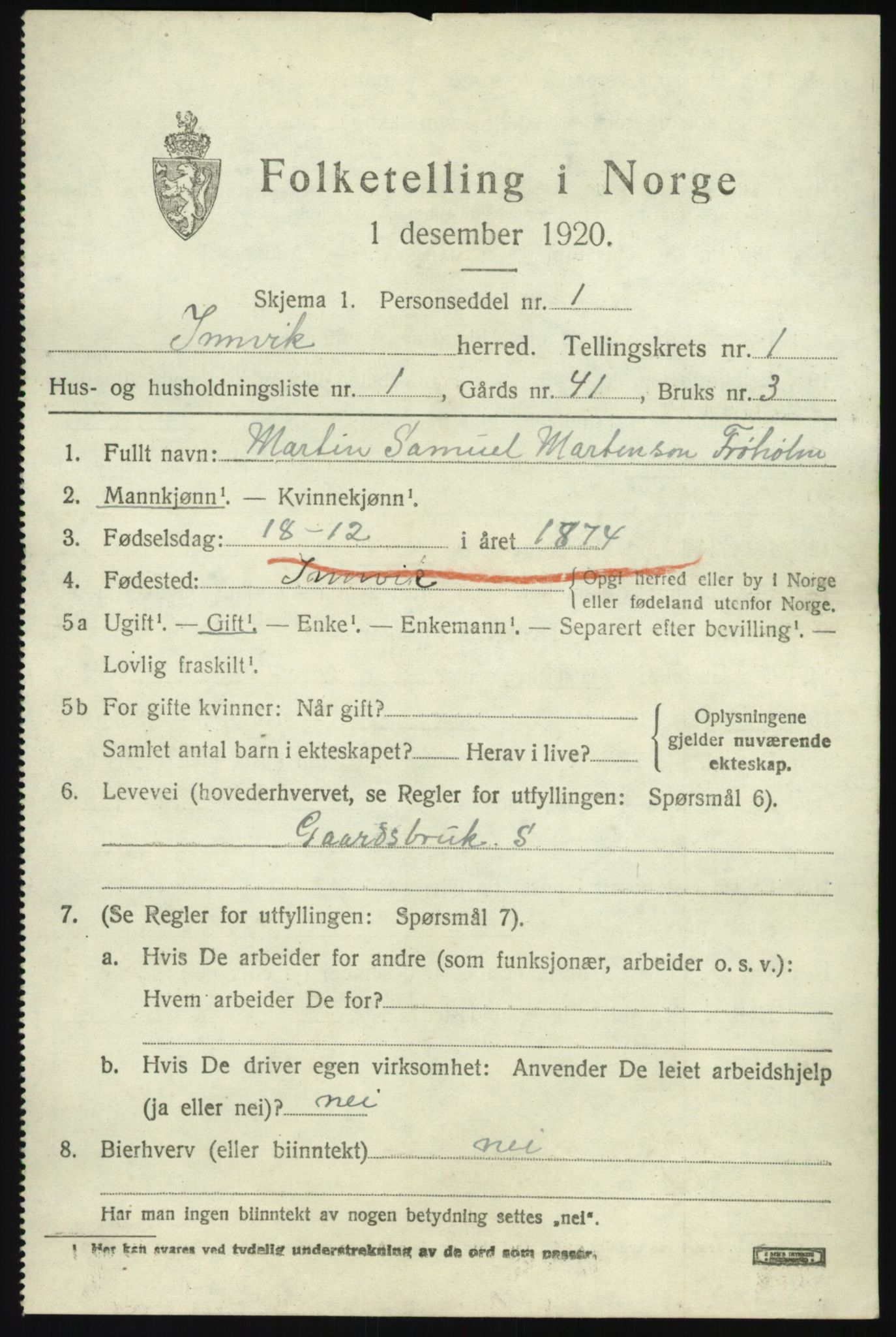 SAB, 1920 census for Innvik, 1920, p. 1079