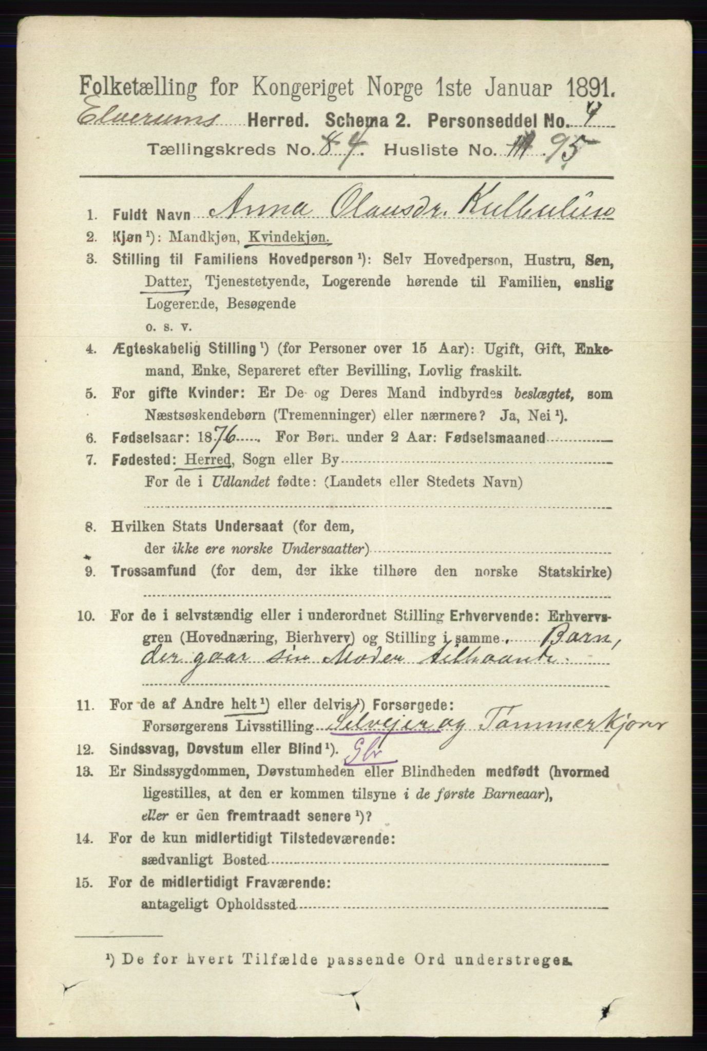 RA, 1891 census for 0427 Elverum, 1891, p. 2926