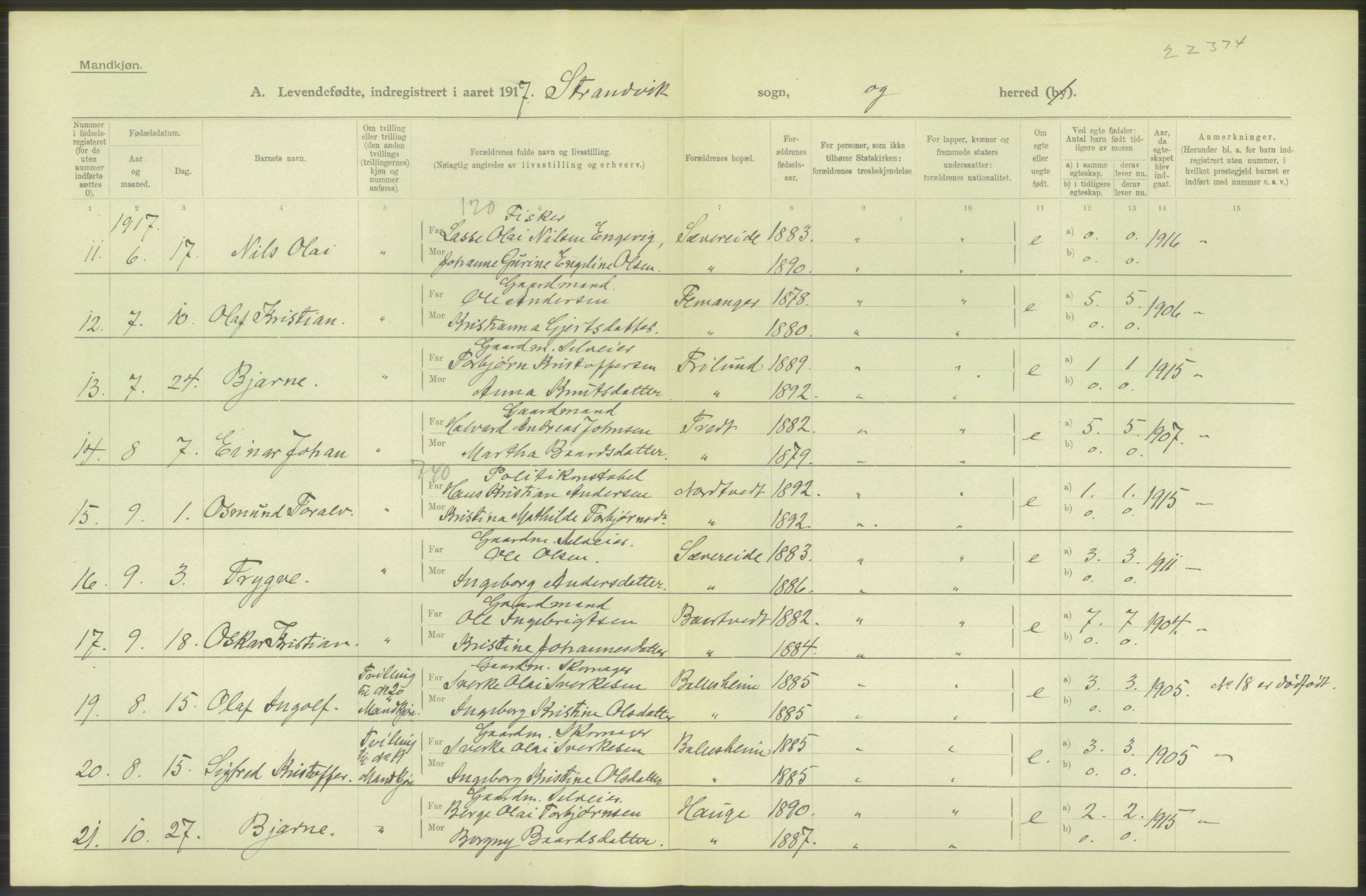 Statistisk sentralbyrå, Sosiodemografiske emner, Befolkning, RA/S-2228/D/Df/Dfb/Dfbg/L0034: S. Bergenhus amt: Levendefødte menn og kvinner. Bygder., 1917, p. 516