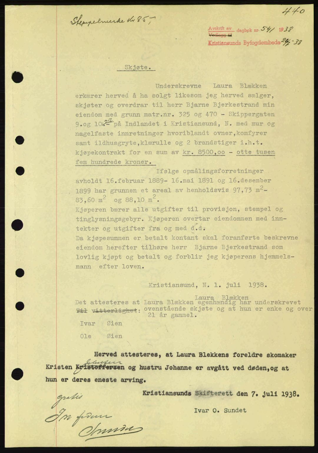 Kristiansund byfogd, AV/SAT-A-4587/A/27: Mortgage book no. 30, 1936-1941, Diary no: : 541/1938