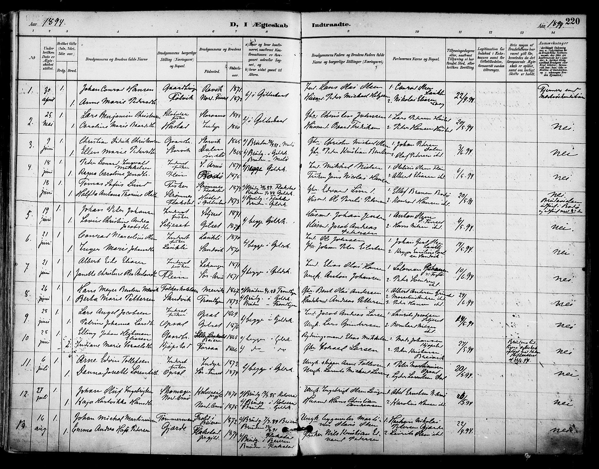 Ministerialprotokoller, klokkerbøker og fødselsregistre - Nordland, AV/SAT-A-1459/805/L0101: Parish register (official) no. 805A07, 1892-1899, p. 220