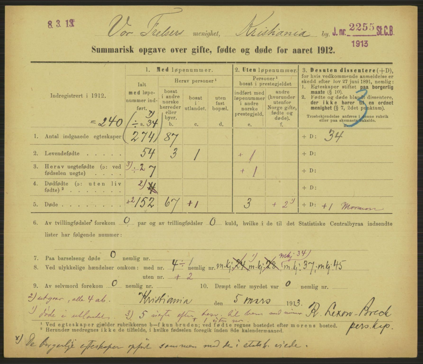 Statistisk sentralbyrå, Sosiodemografiske emner, Befolkning, RA/S-2228/D/Df/Dfb/Dfbb/L0052: Summariske oppgaver over gifte, fødte og døde for hele landet., 1912, p. 153