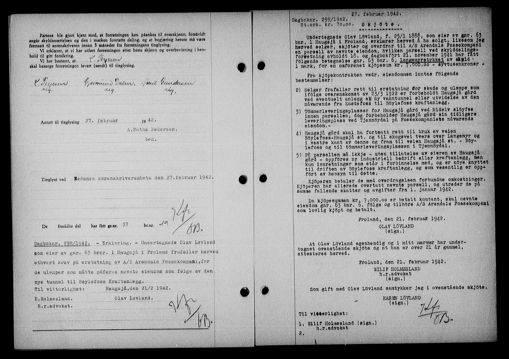 Nedenes sorenskriveri, SAK/1221-0006/G/Gb/Gba/L0049: Mortgage book no. A-III, 1941-1942, Diary no: : 299/1942