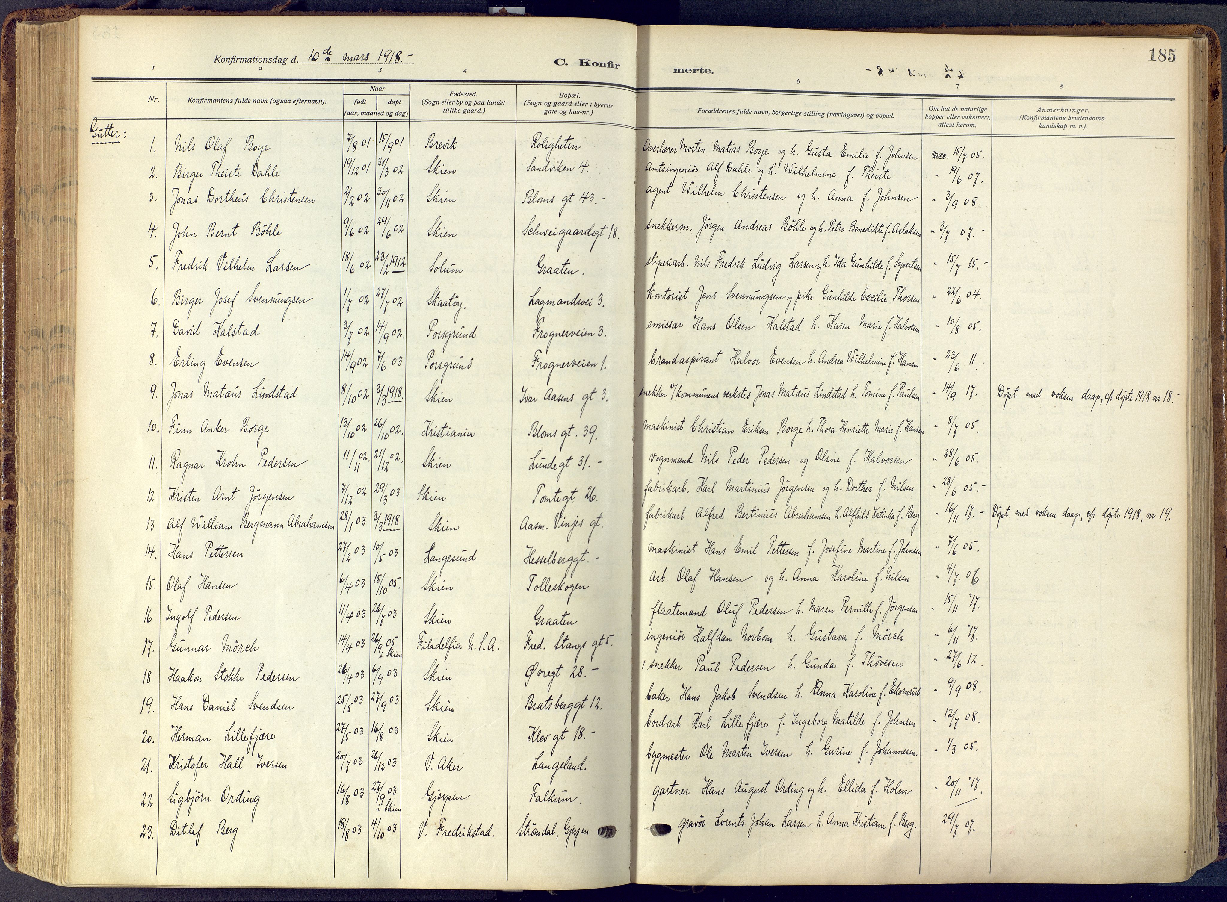 Skien kirkebøker, SAKO/A-302/F/Fa/L0013: Parish register (official) no. 13, 1915-1921, p. 185