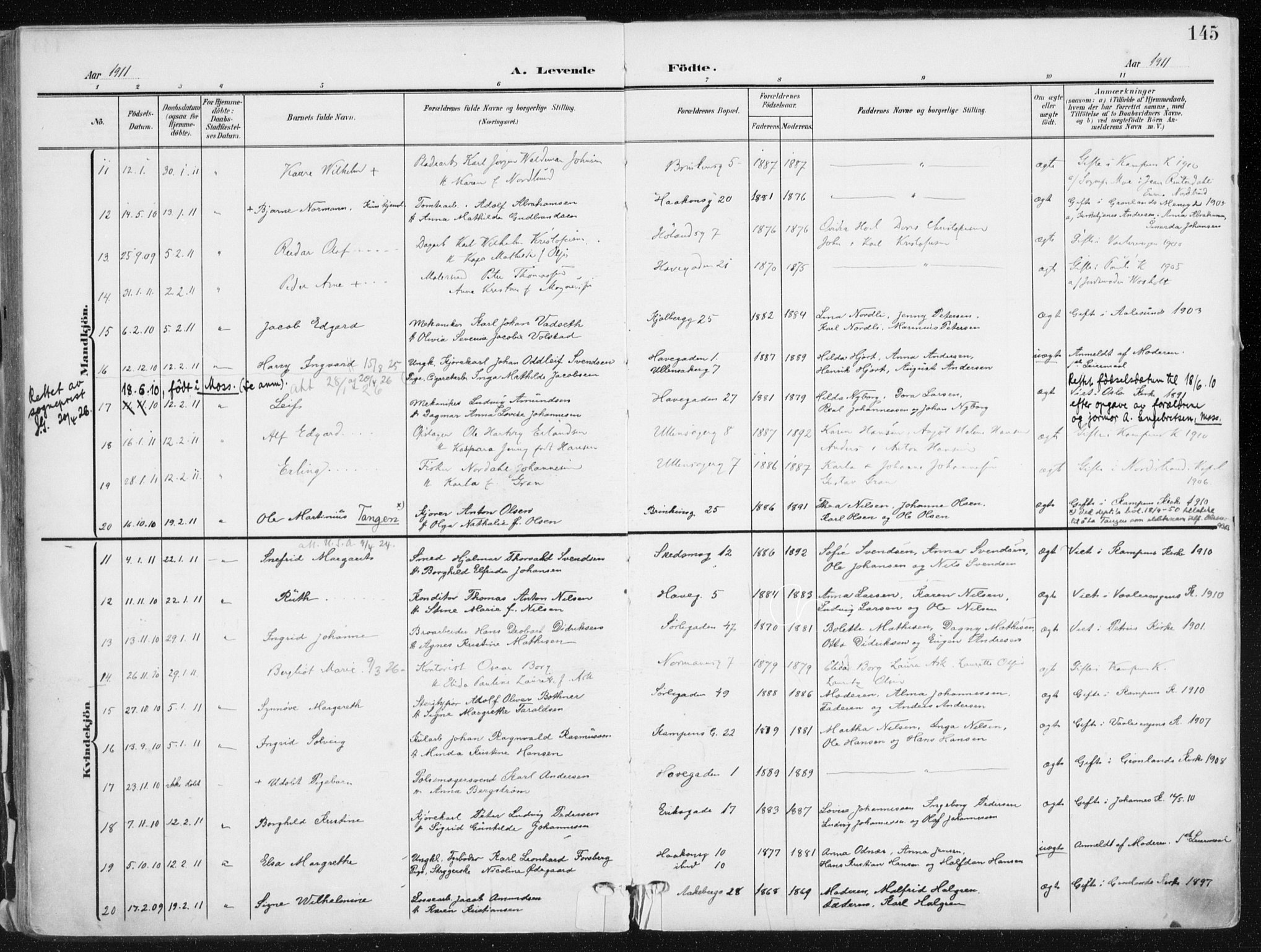 Kampen prestekontor Kirkebøker, AV/SAO-A-10853/F/Fa/L0010: Parish register (official) no. I 10, 1905-1917, p. 145