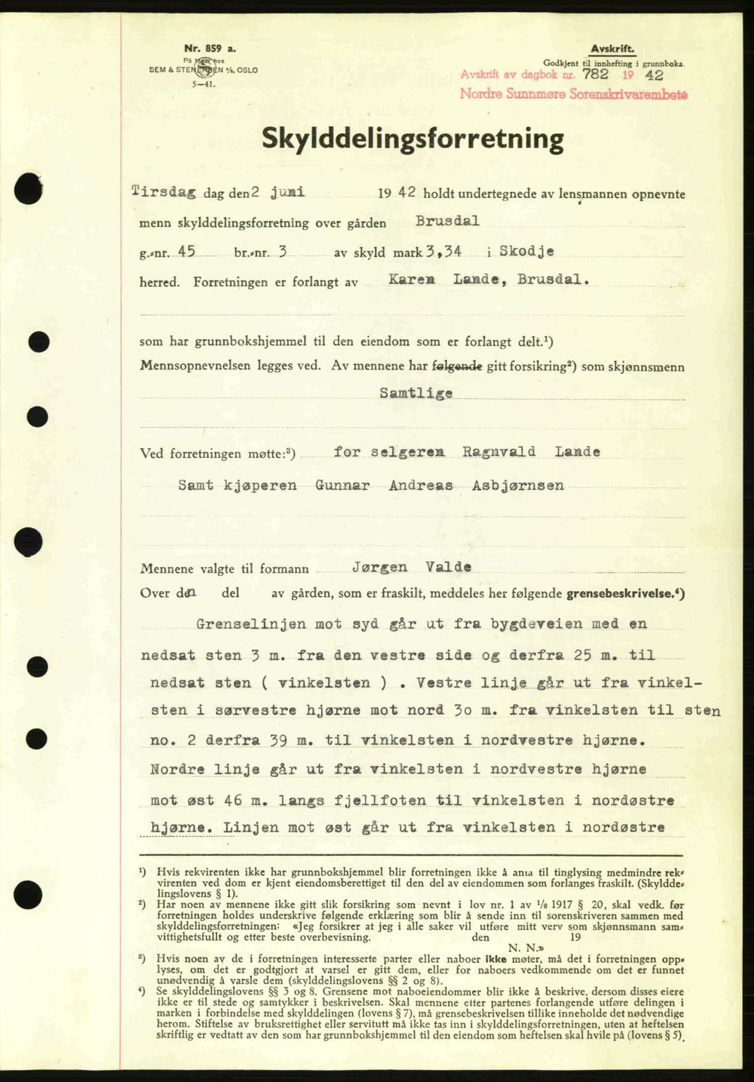 Nordre Sunnmøre sorenskriveri, AV/SAT-A-0006/1/2/2C/2Ca: Mortgage book no. A13, 1942-1942, Diary no: : 782/1942