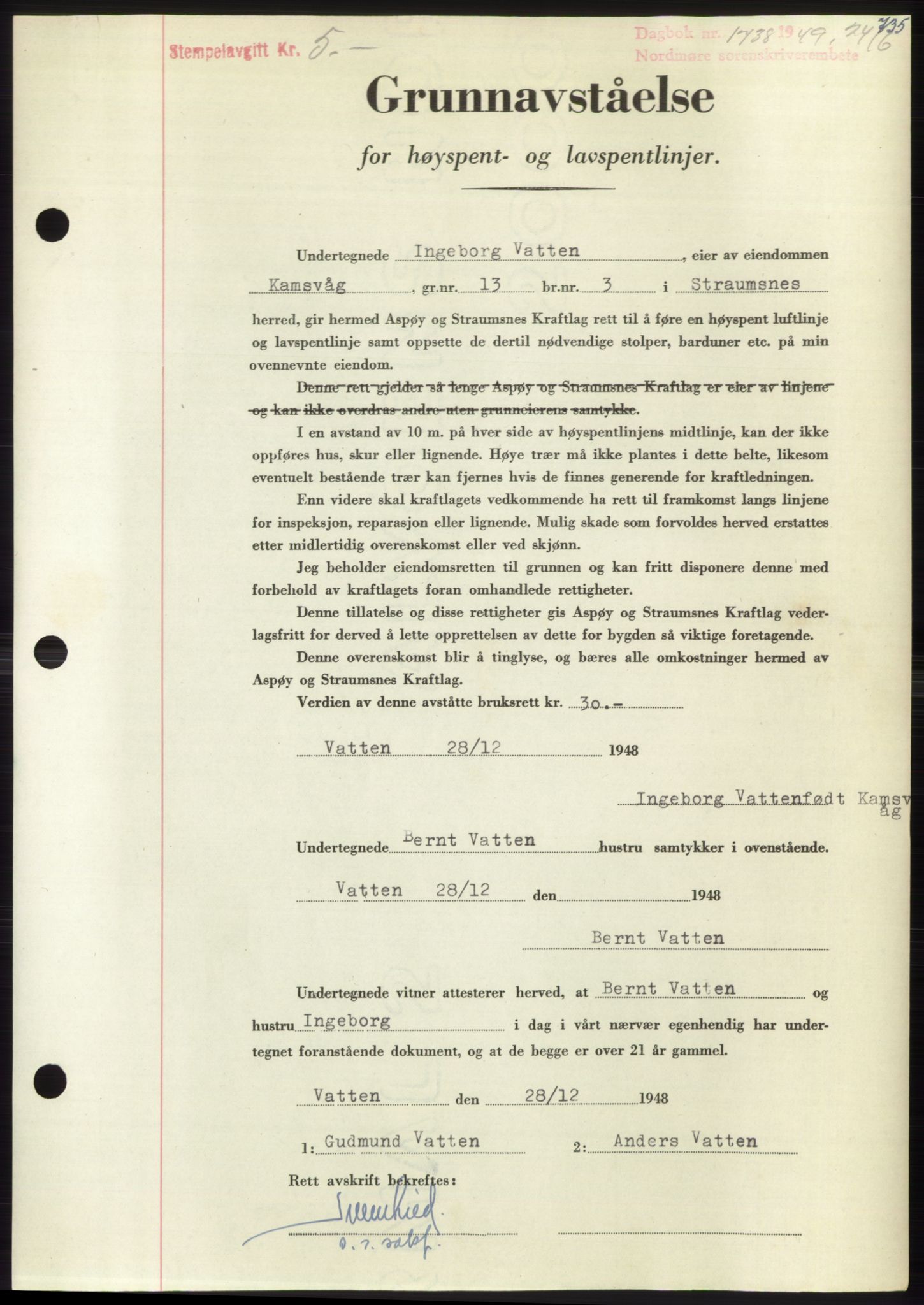 Nordmøre sorenskriveri, AV/SAT-A-4132/1/2/2Ca: Mortgage book no. B101, 1949-1949, Diary no: : 1738/1949