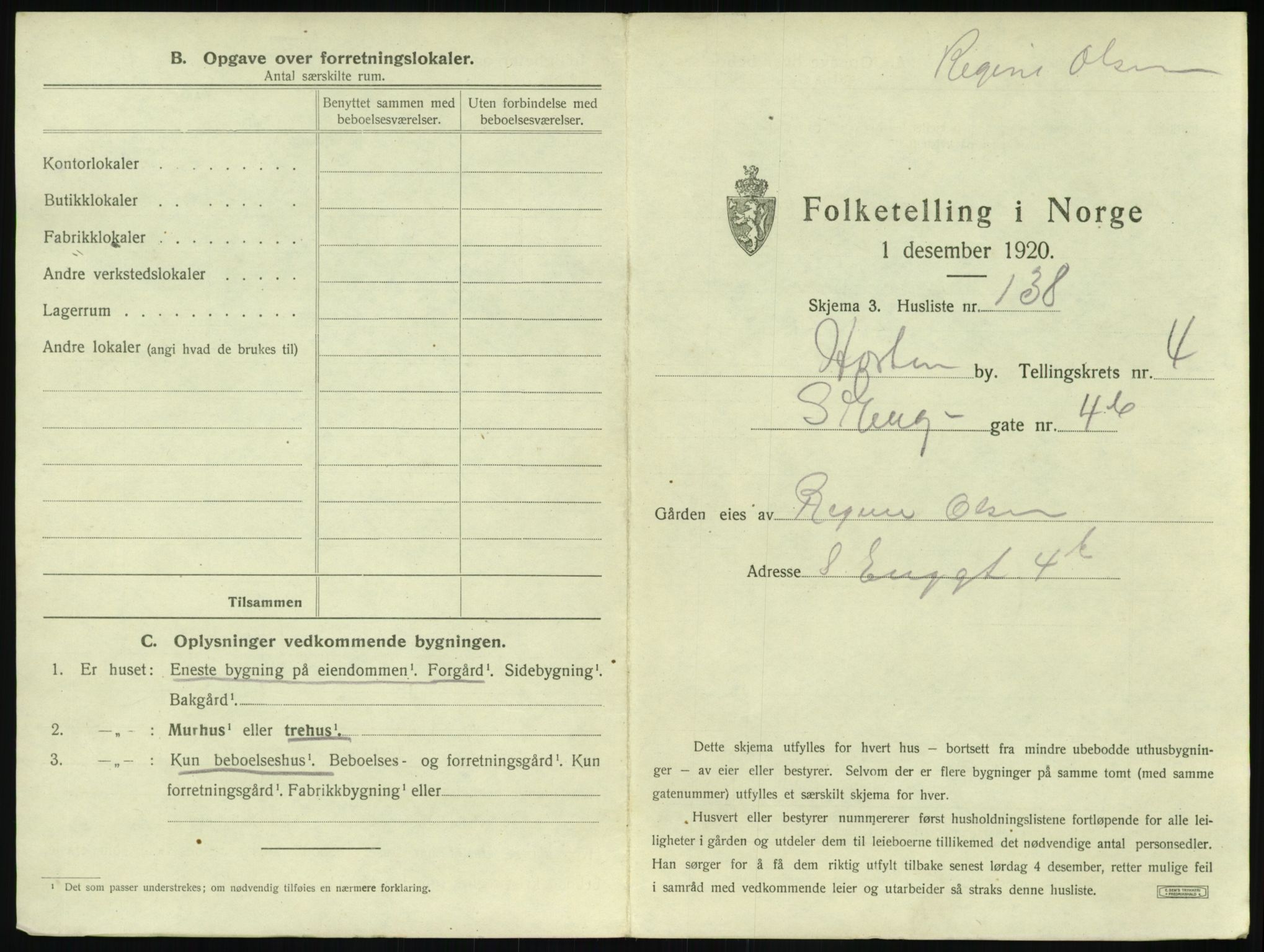 SAKO, 1920 census for Horten, 1920, p. 1495
