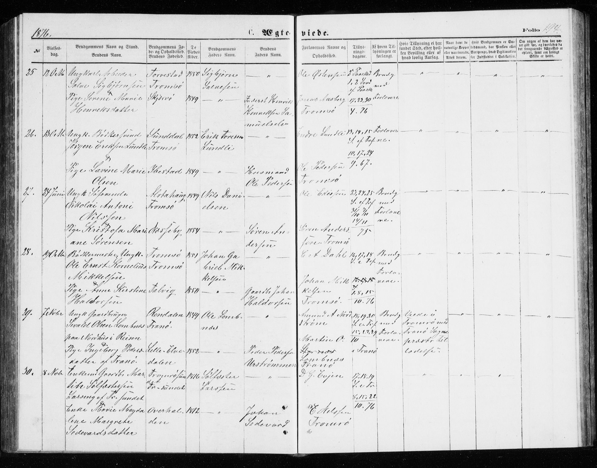 Tromsø sokneprestkontor/stiftsprosti/domprosti, AV/SATØ-S-1343/G/Gb/L0008klokker: Parish register (copy) no. 8, 1875-1879, p. 194