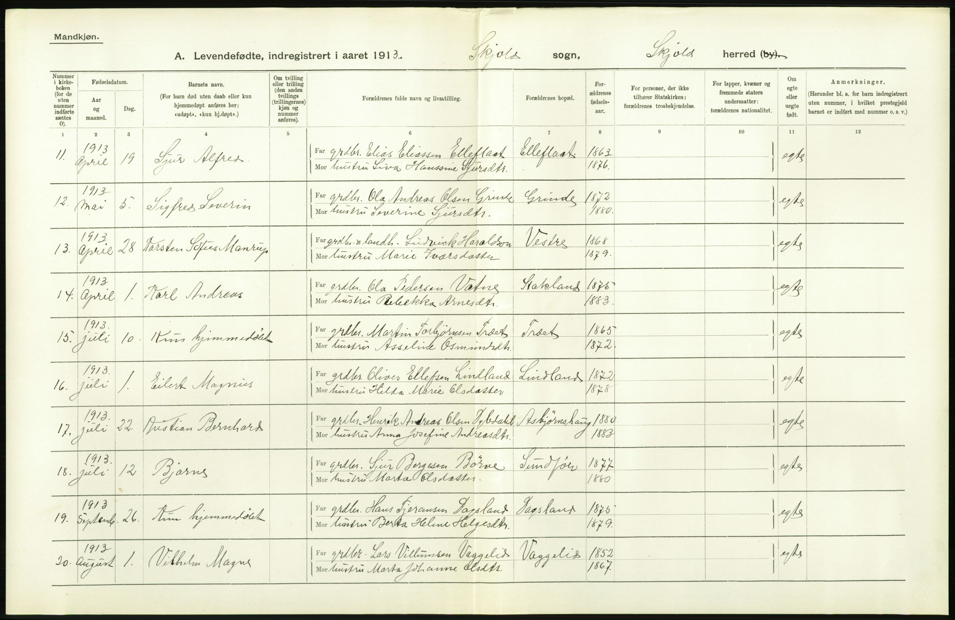 Statistisk sentralbyrå, Sosiodemografiske emner, Befolkning, AV/RA-S-2228/D/Df/Dfb/Dfbc/L0025: Stavanger amt: Levendefødte menn og kvinner. Bygder., 1913, p. 62