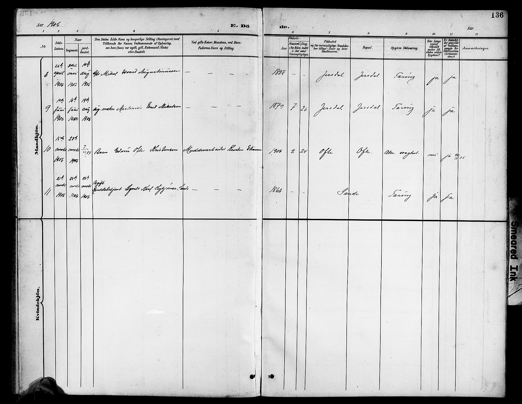 Herad sokneprestkontor, SAK/1111-0018/F/Fb/Fba/L0005: Parish register (copy) no. B 5, 1899-1921, p. 136