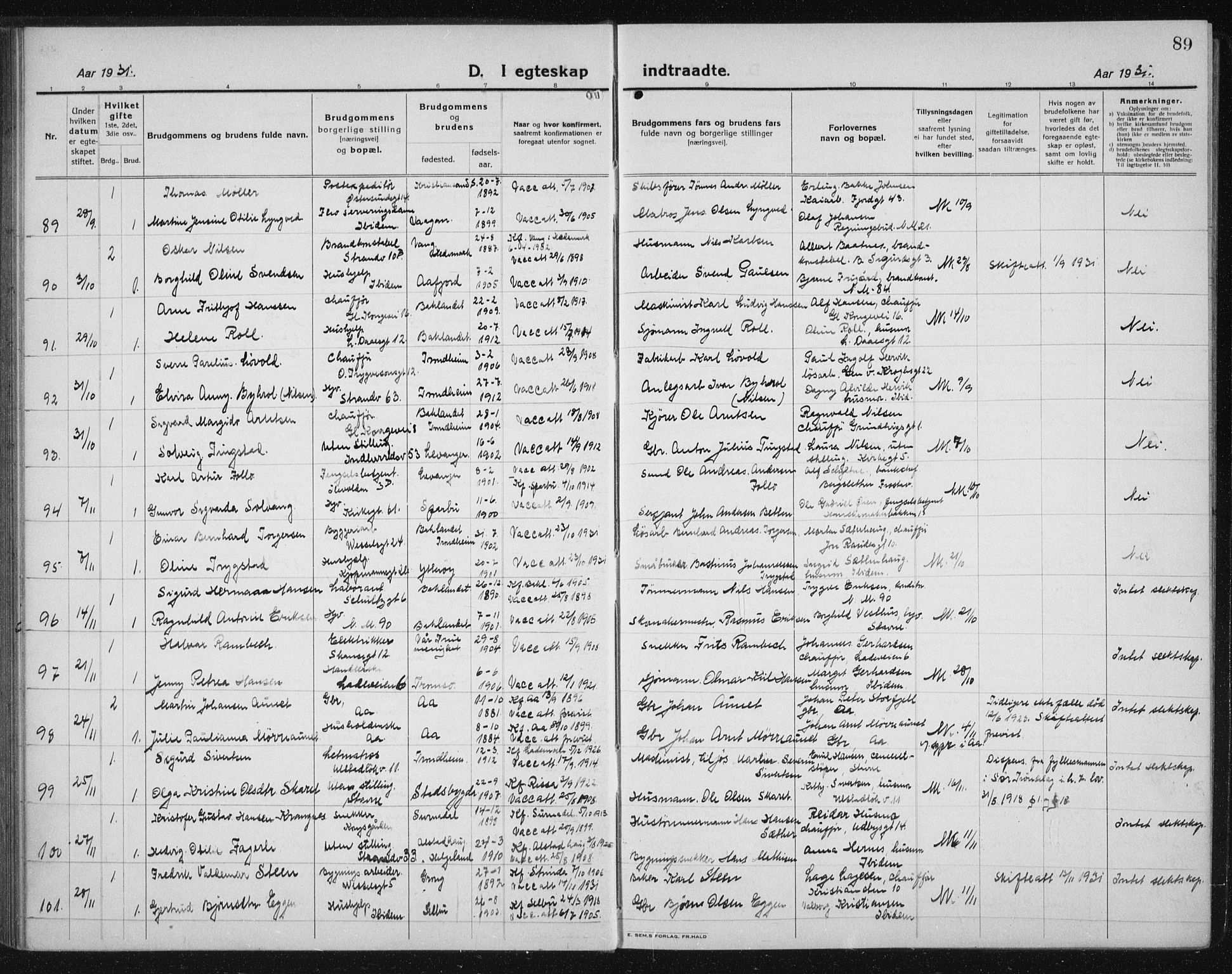 Ministerialprotokoller, klokkerbøker og fødselsregistre - Sør-Trøndelag, SAT/A-1456/605/L0260: Parish register (copy) no. 605C07, 1922-1942, p. 89