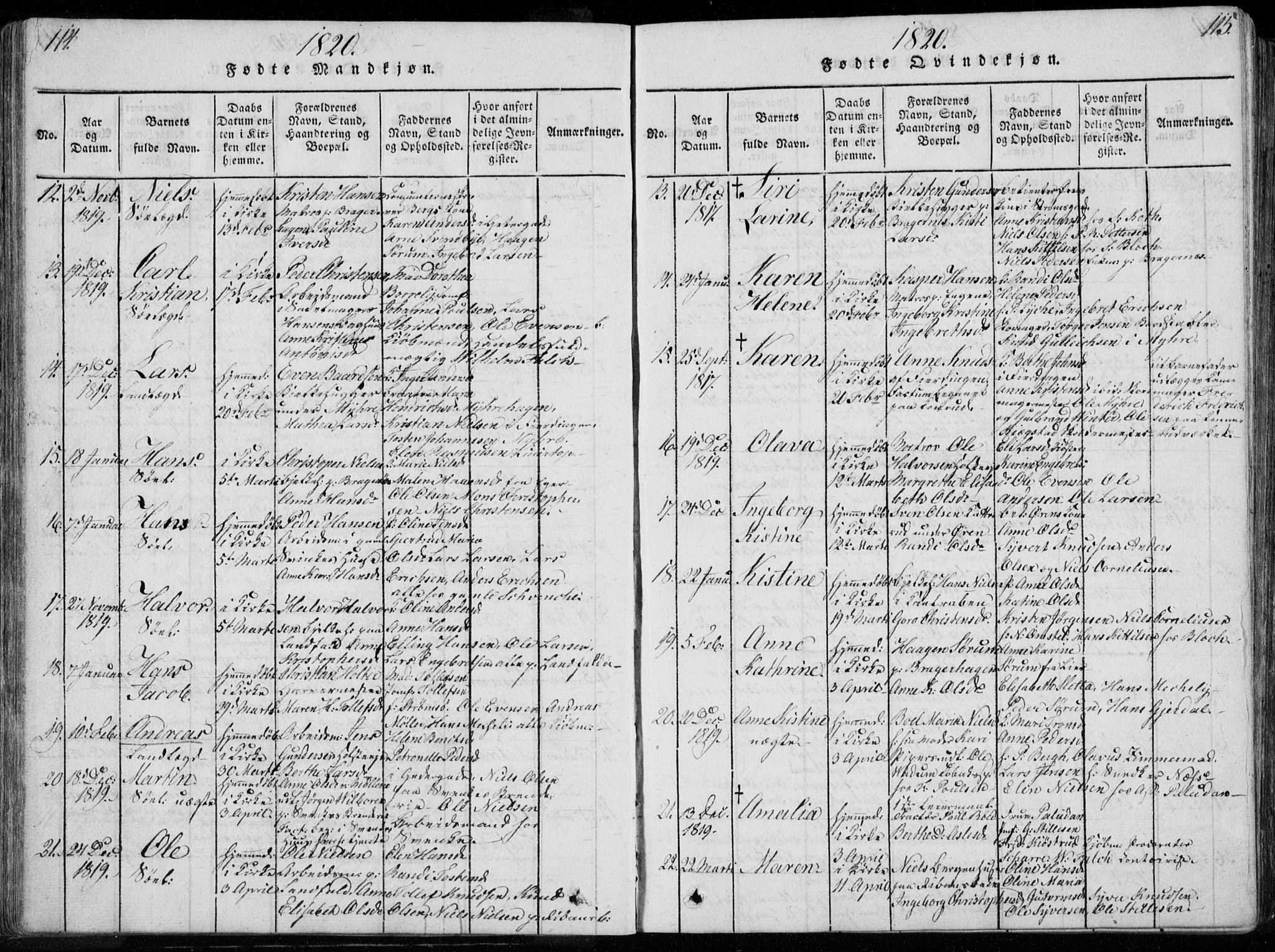 Bragernes kirkebøker, AV/SAKO-A-6/F/Fa/L0007: Parish register (official) no. I 7, 1815-1829, p. 114-115