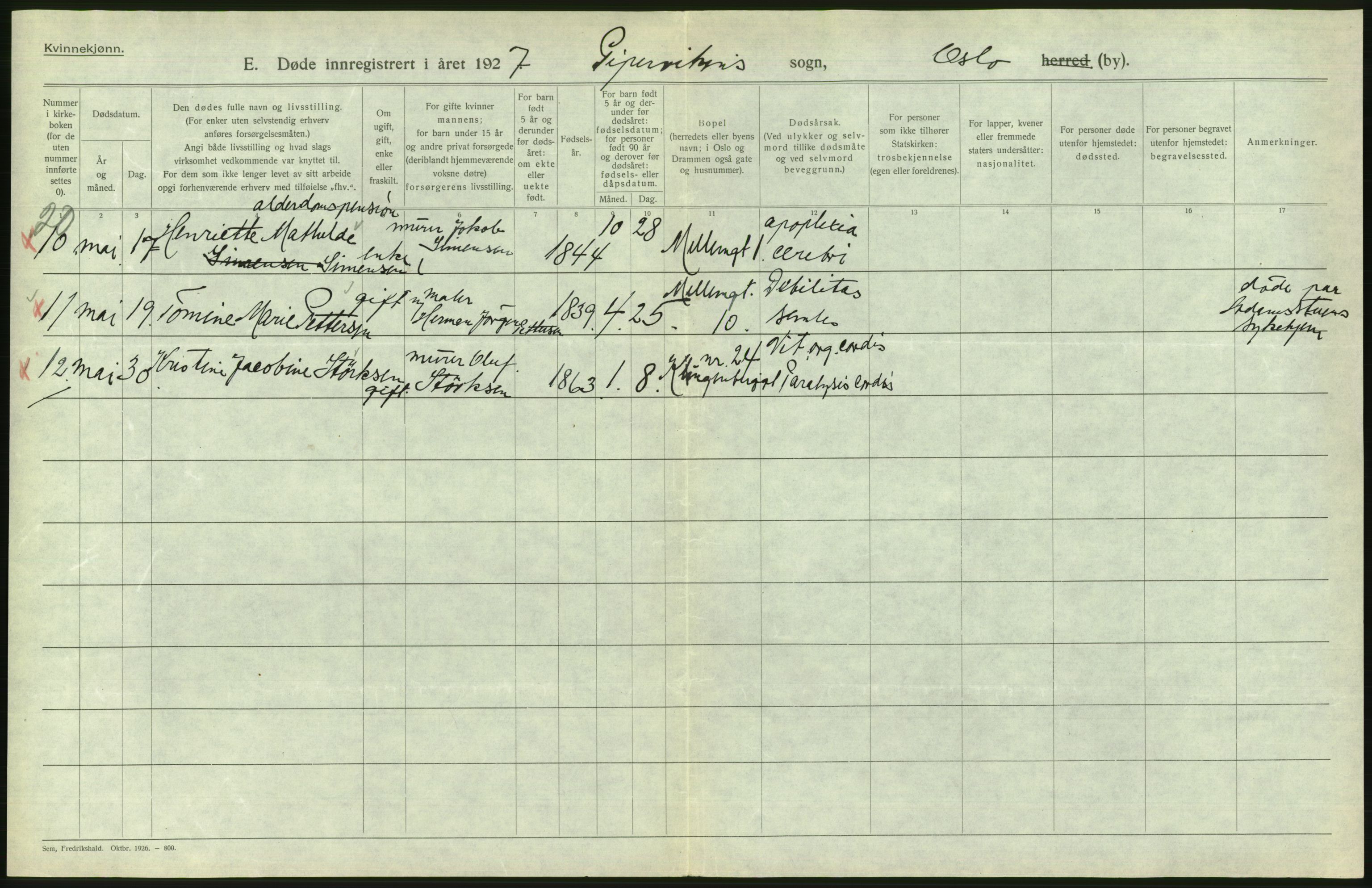 Statistisk sentralbyrå, Sosiodemografiske emner, Befolkning, RA/S-2228/D/Df/Dfc/Dfcg/L0010: Oslo: Døde kvinner, dødfødte, 1927, p. 670