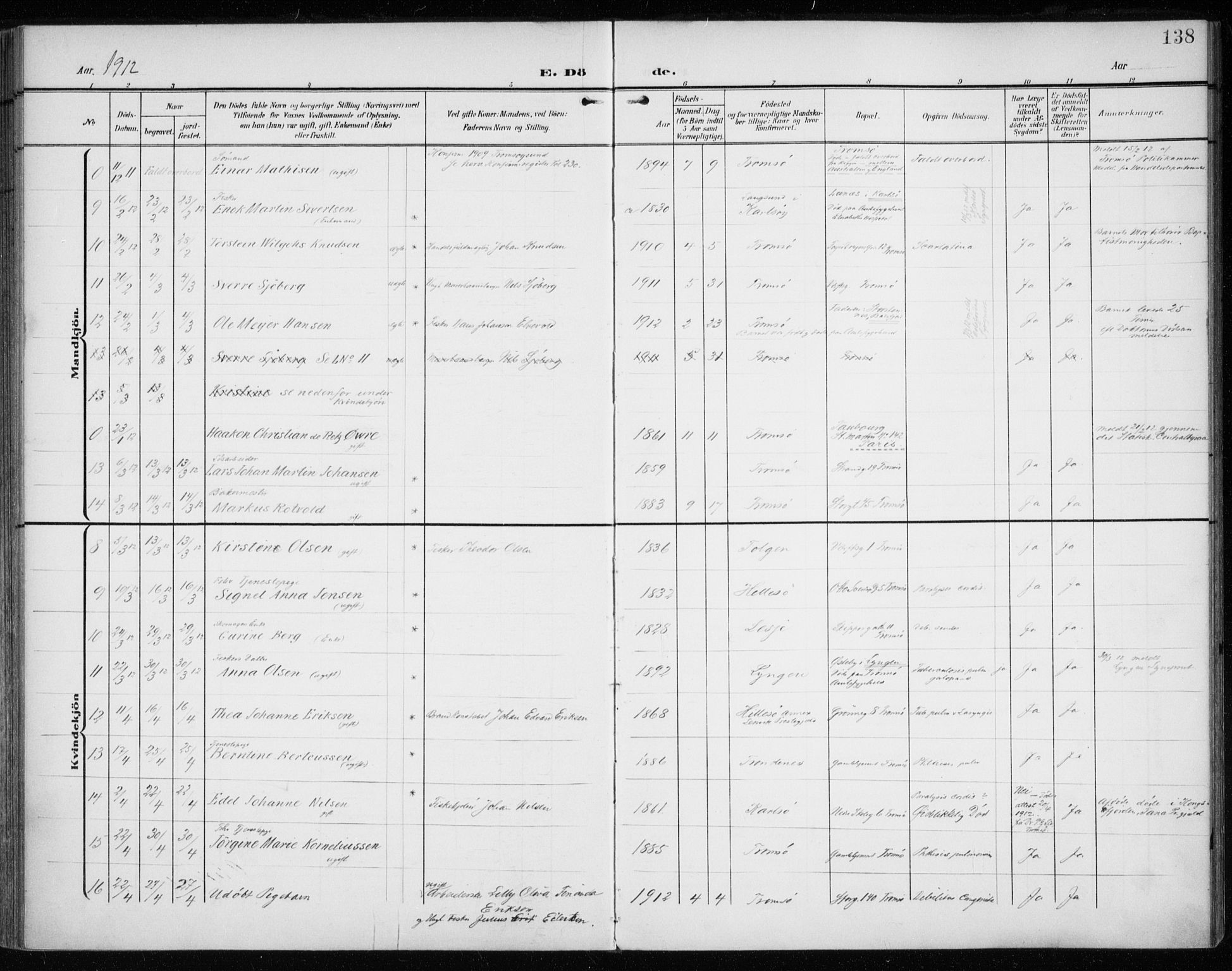 Tromsø sokneprestkontor/stiftsprosti/domprosti, AV/SATØ-S-1343/G/Ga/L0018kirke: Parish register (official) no. 18, 1907-1917, p. 138