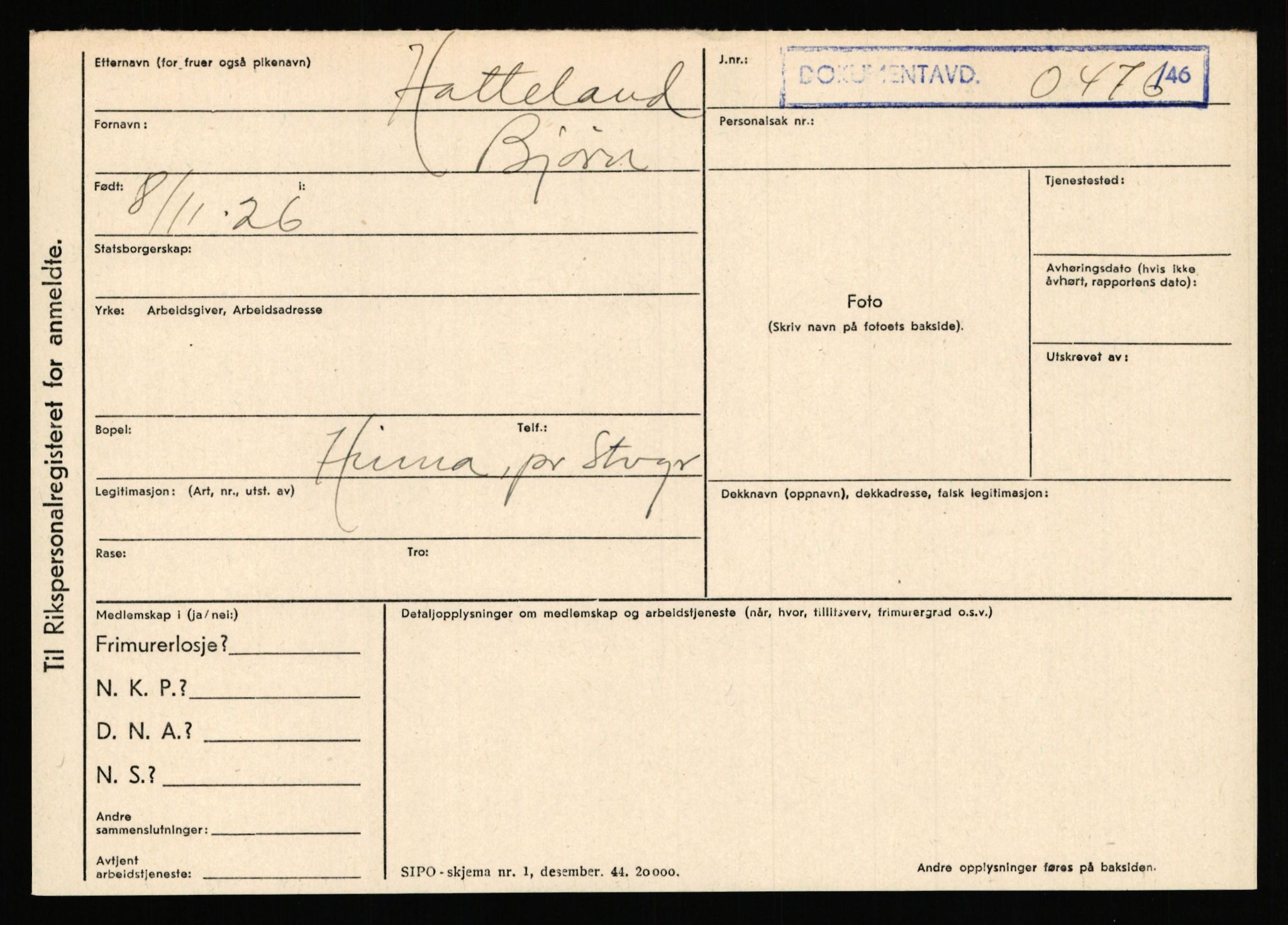 Statspolitiet - Hovedkontoret / Osloavdelingen, AV/RA-S-1329/C/Ca/L0006: Hanche - Hokstvedt, 1943-1945, p. 2074