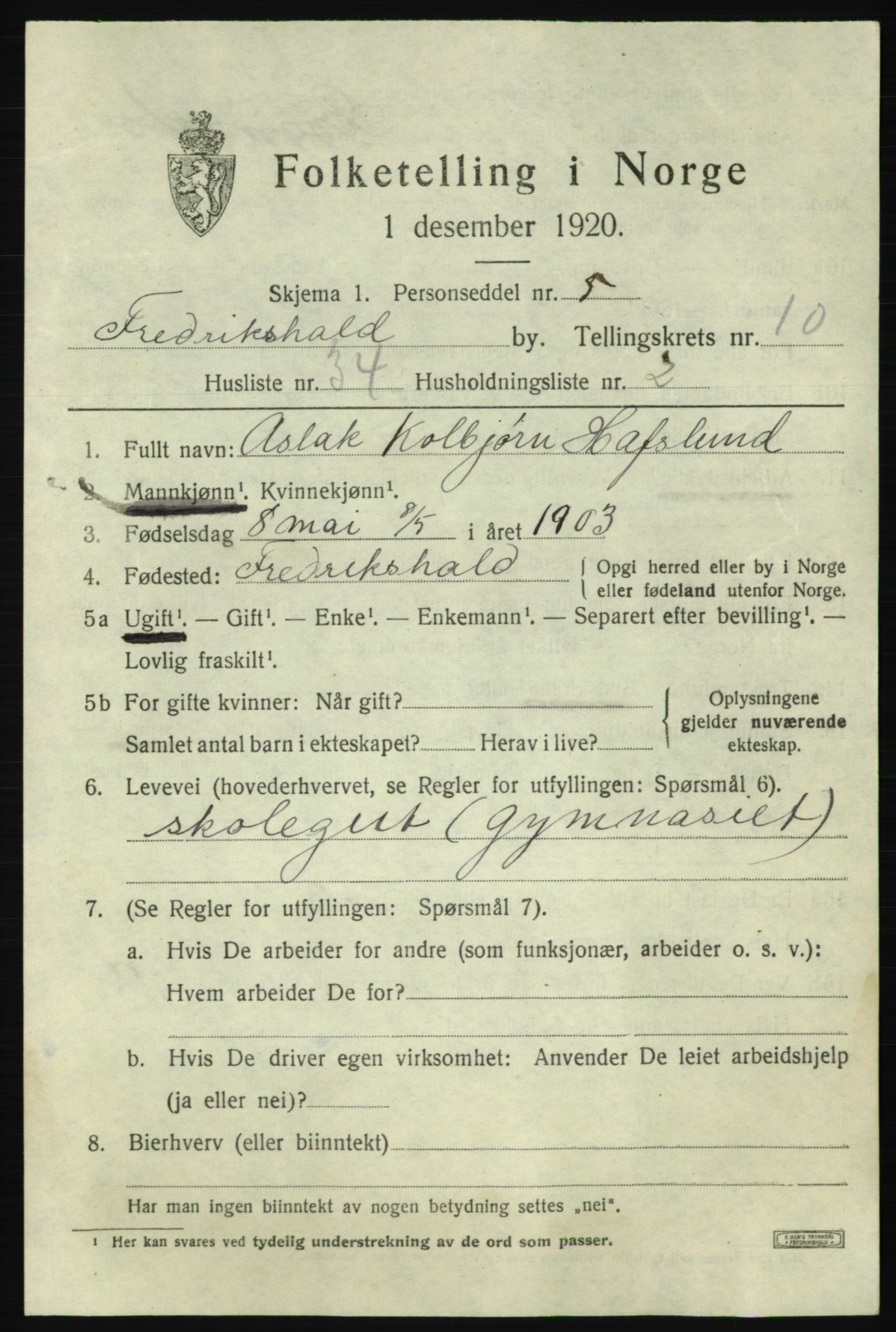 SAO, 1920 census for Fredrikshald, 1920, p. 18501